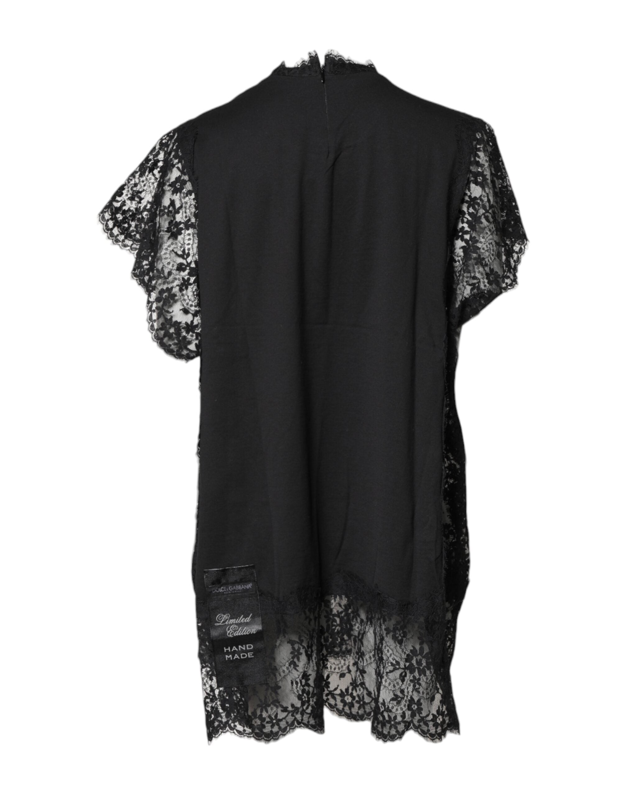 Dolce & Gabbana Schwarzes Top mit Rundhalsausschnitt aus transparenter Spitze Sacred Heart