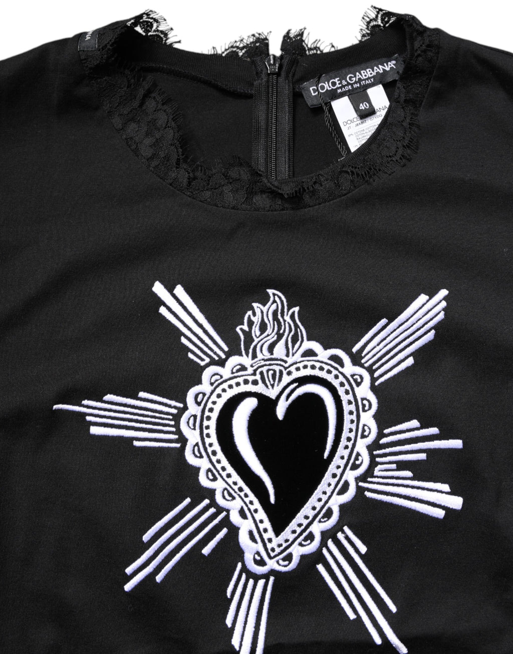 Dolce & Gabbana Schwarzes Top mit Rundhalsausschnitt aus transparenter Spitze Sacred Heart