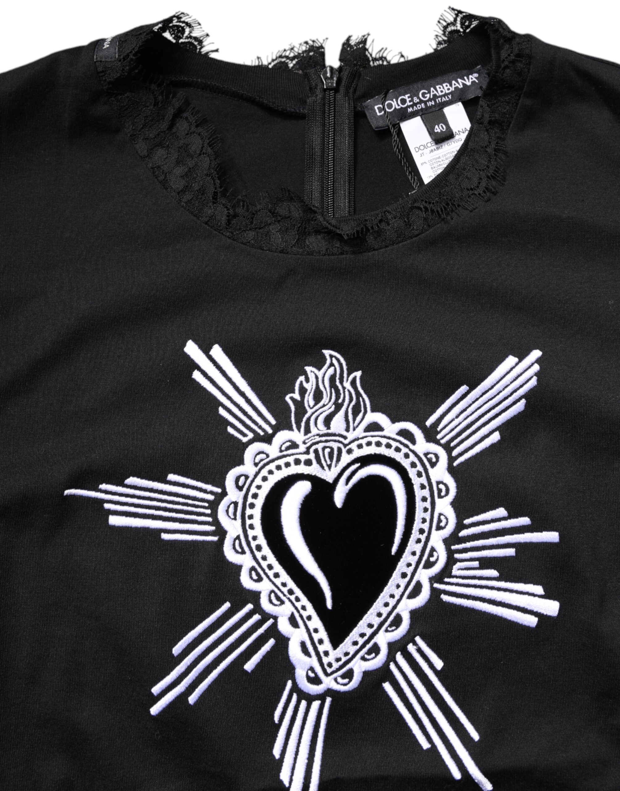 Dolce & Gabbana Schwarzes Top mit Rundhalsausschnitt aus transparenter Spitze Sacred Heart