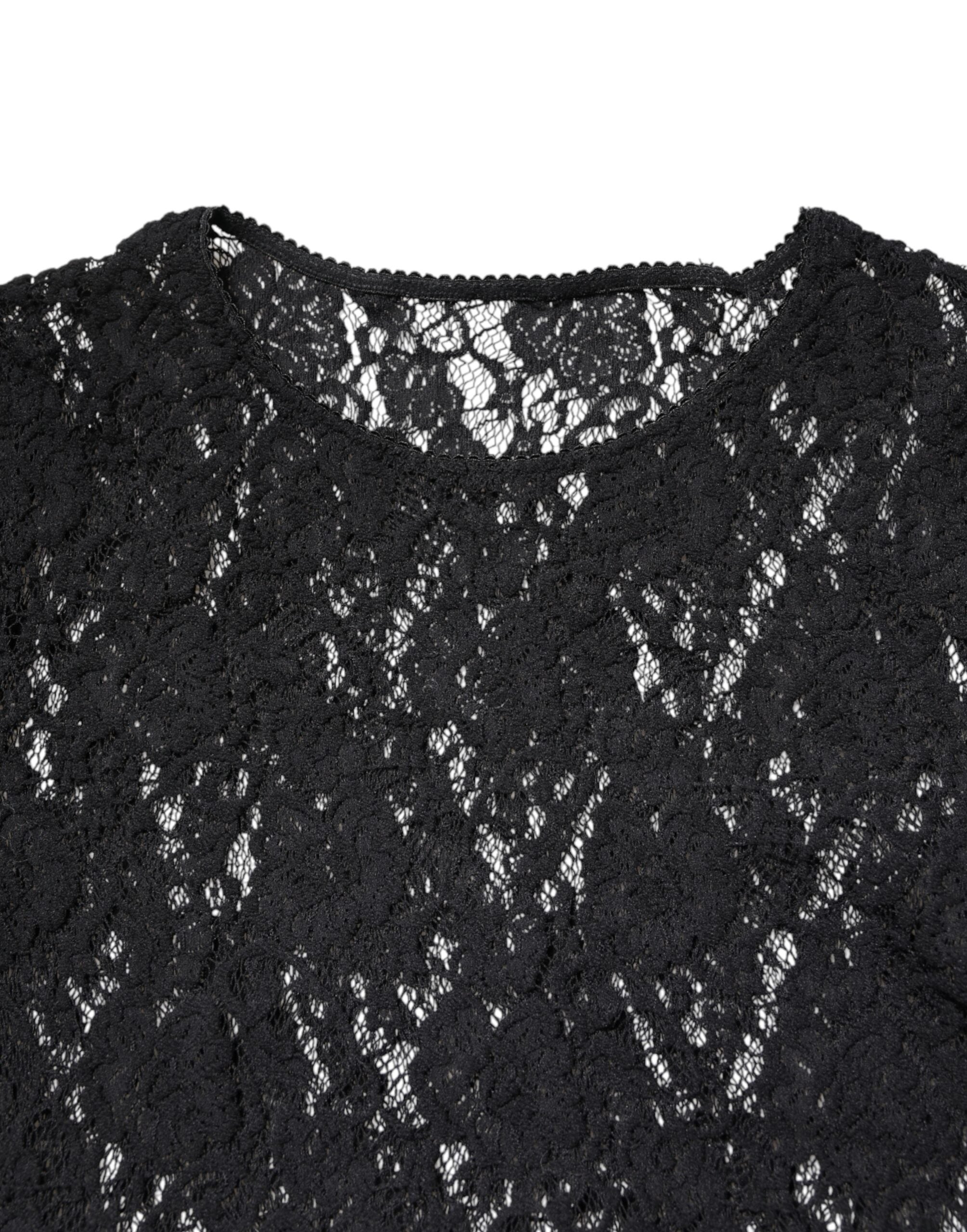 Dolce & Gabbana Schwarzes langärmeliges Pullover-Top mit floraler Spitze