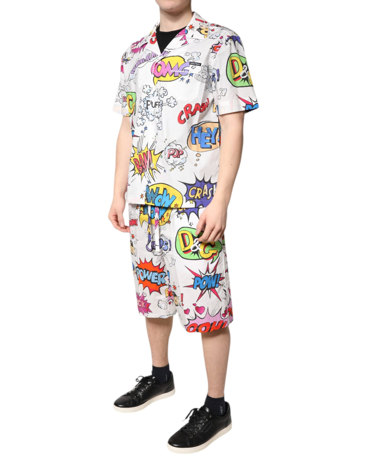 Dolce & Gabbana Weißes Cartoon-Print Herren-Pyjama-Set Nachtwäsche aus Baumwolle