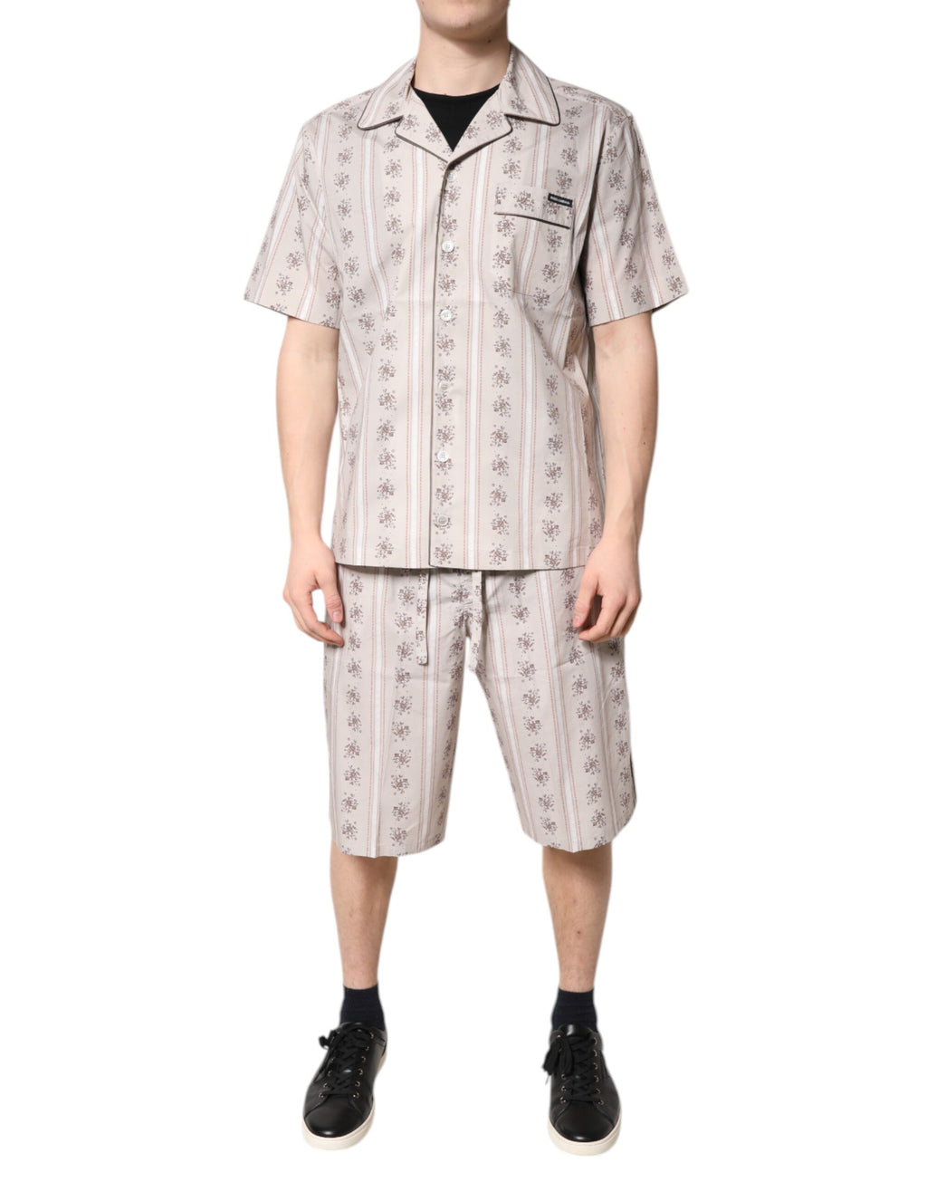 Dolce & Gabbana Beige Floral Print Baumwolle Männer Pyjama Set Schlafanzug