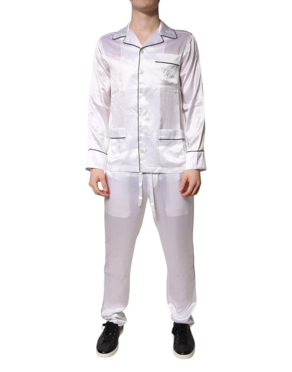 Dolce & Gabbana Weißer Satin Seide Männer Pyjama Set Schlafanzug