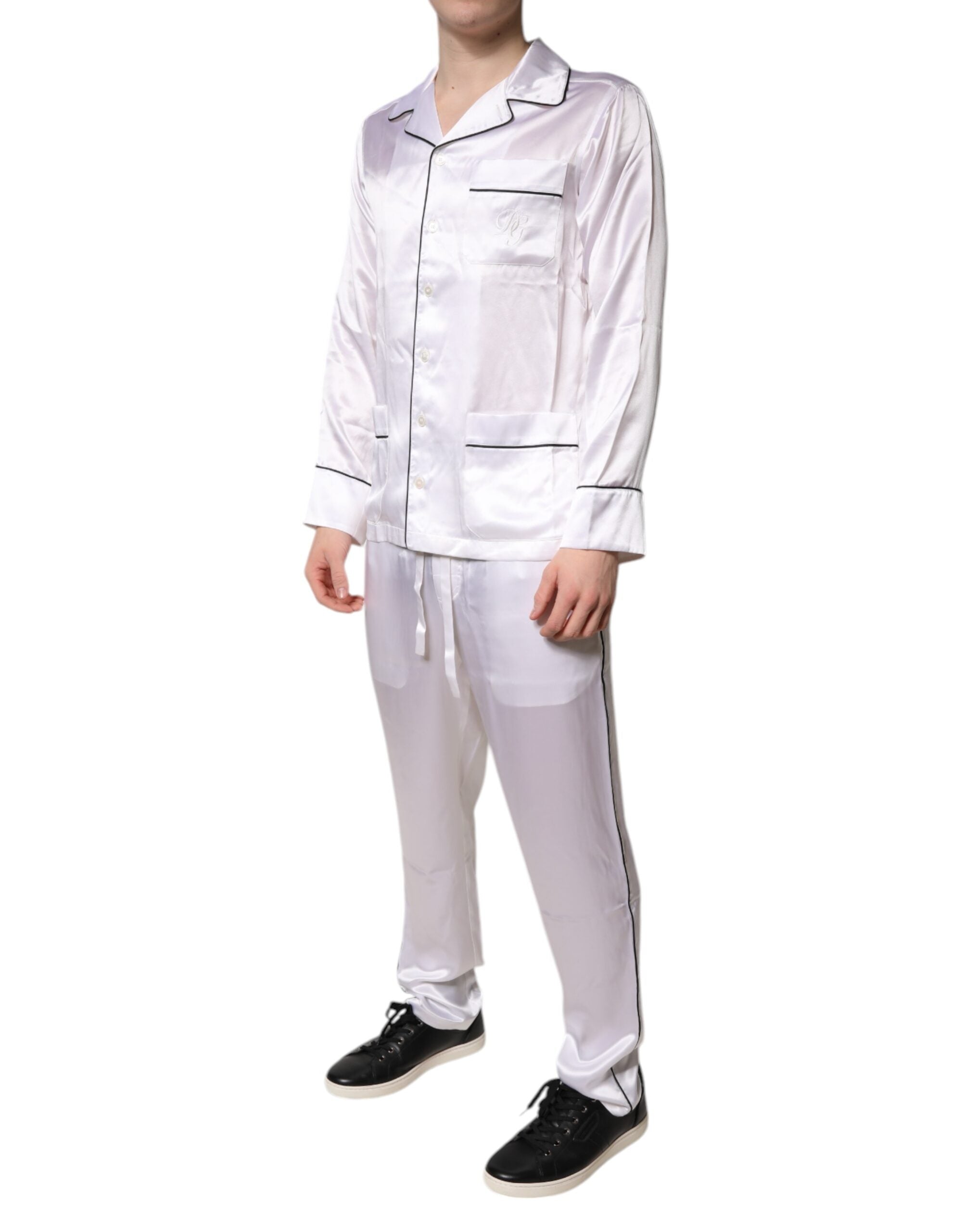 Dolce & Gabbana Weißer Satin Seide Männer Pyjama Set Schlafanzug