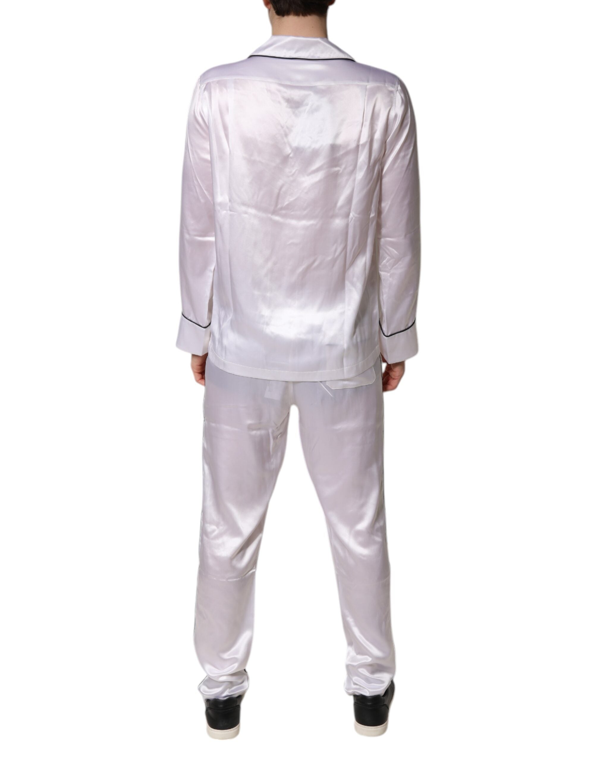 Dolce & Gabbana Weißer Satin Seide Männer Pyjama Set Schlafanzug