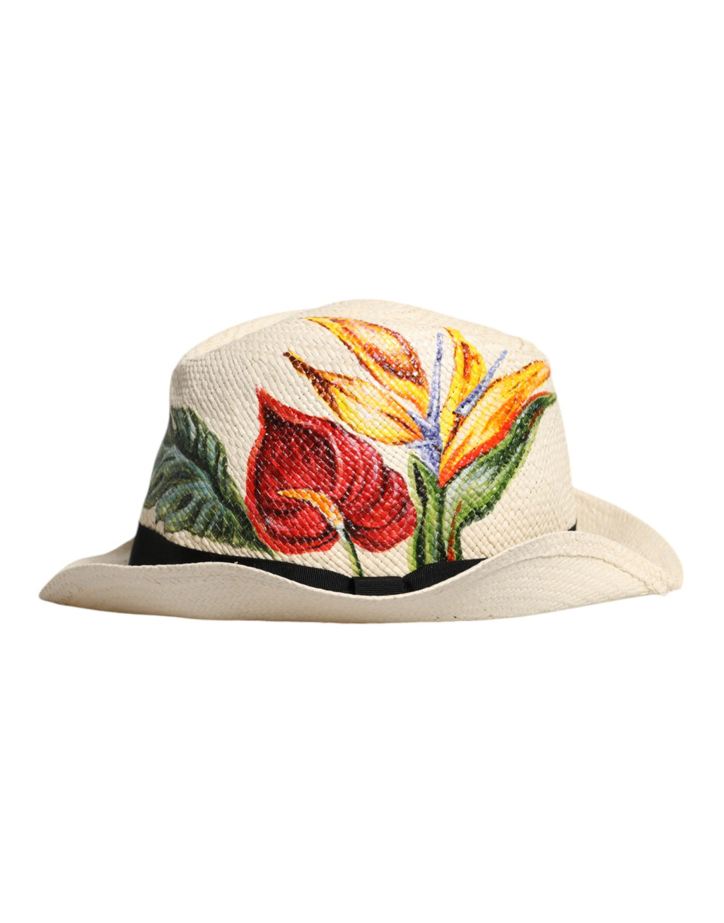 Dolce & Gabbana Beige Floral Print Stroh breite Krempe Fedora Hut