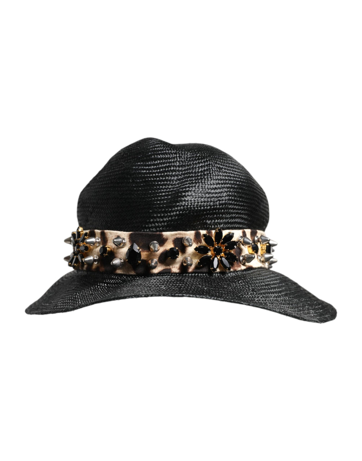 Dolce & Gabbana Zwarte Strooien Hoed met Brede Rand en Kristallen Versiering