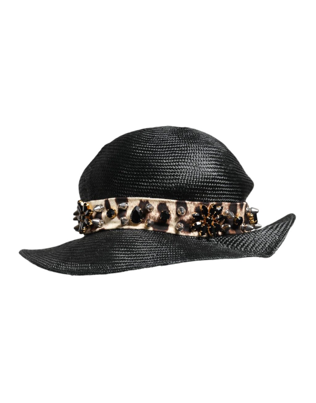 Dolce & Gabbana Zwarte Strooien Hoed met Brede Rand en Kristallen Versiering