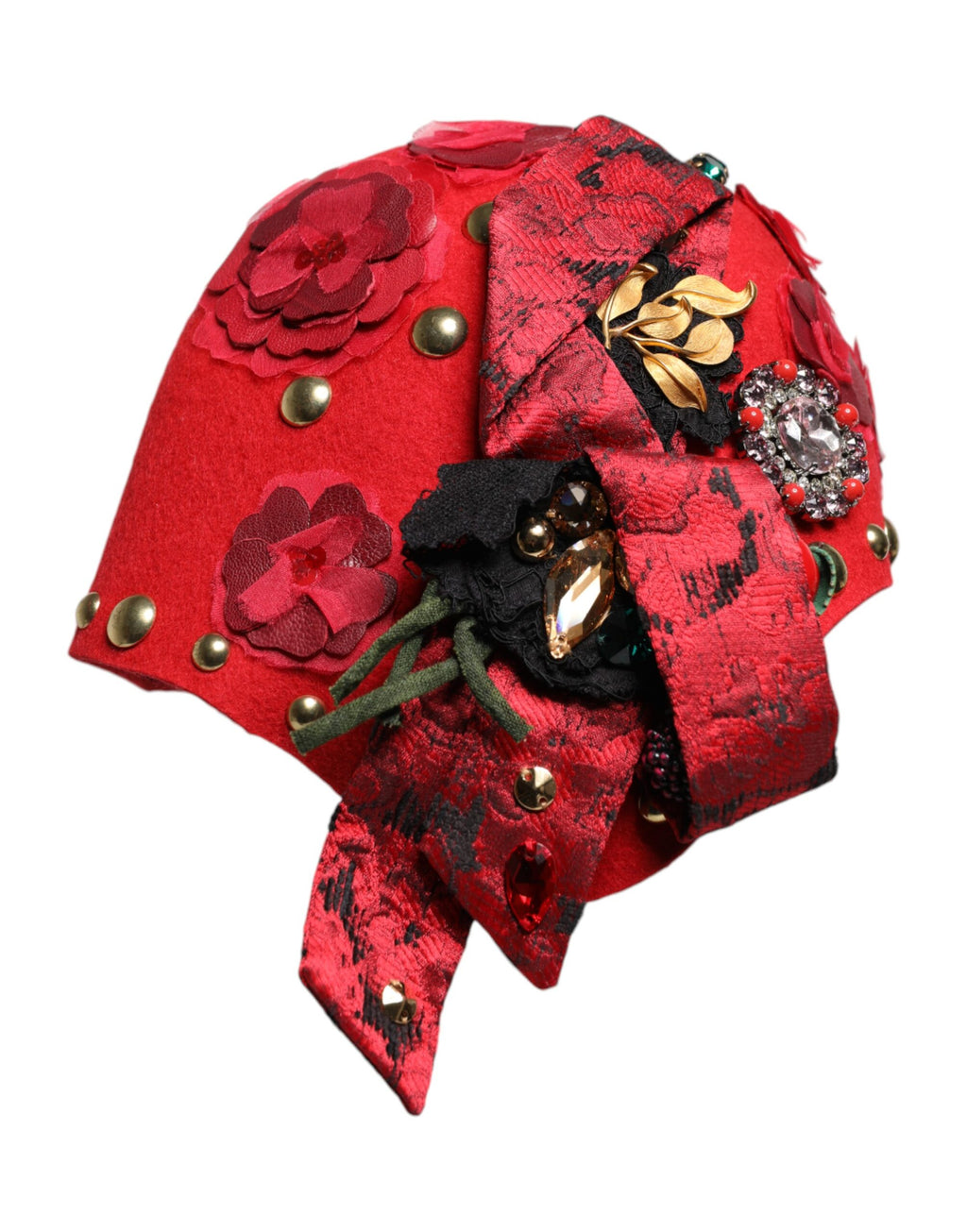 Dolce & Gabbana Rode Kristallen Gouden Rozen Broche Versierde Hoed