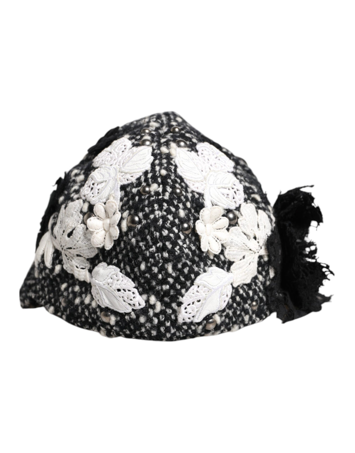 Dolce & Gabbana Zwarte Wollen Cloche Hoed met Witte Bloemenborduursels