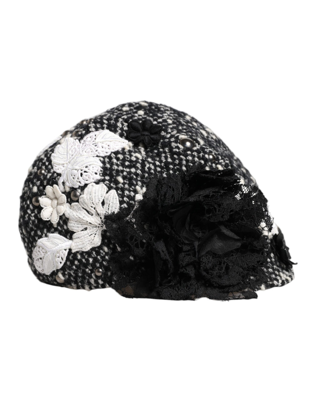 Dolce & Gabbana Zwarte Wollen Cloche Hoed met Witte Bloemenborduursels