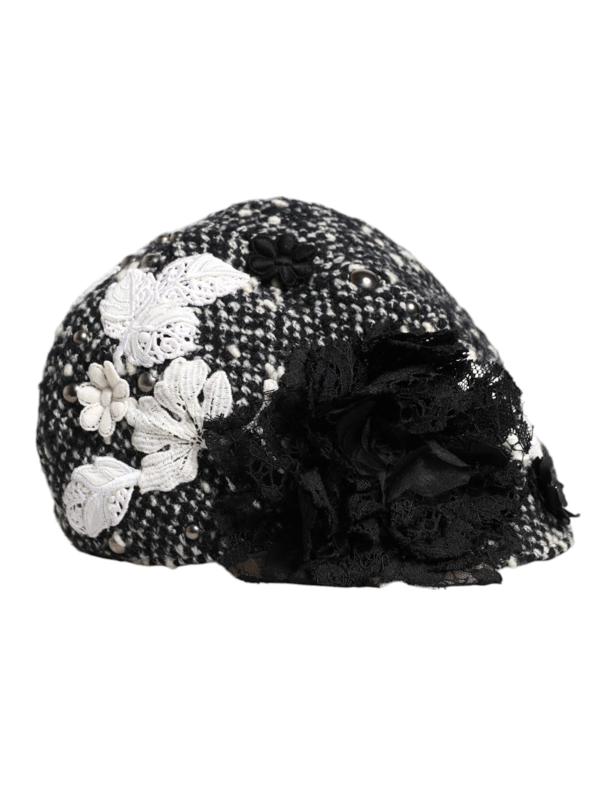 Dolce & Gabbana Zwarte Wollen Cloche Hoed met Witte Bloemenborduursels