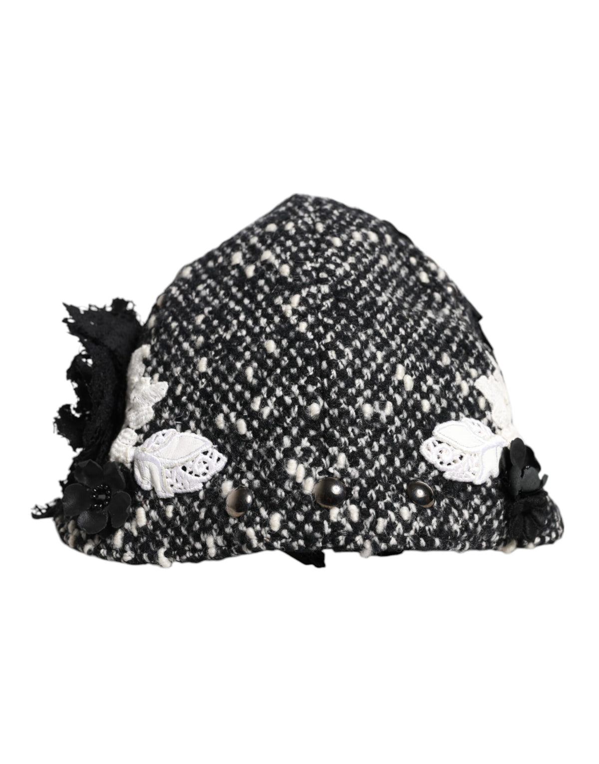 Dolce & Gabbana Zwarte Wollen Cloche Hoed met Witte Bloemenborduursels