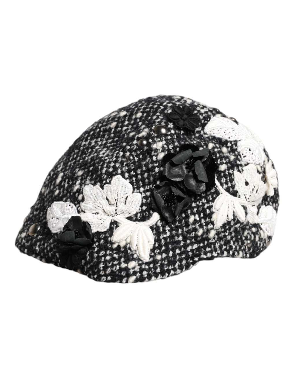 Dolce & Gabbana Zwarte Wollen Cloche Hoed met Witte Bloemenborduursels