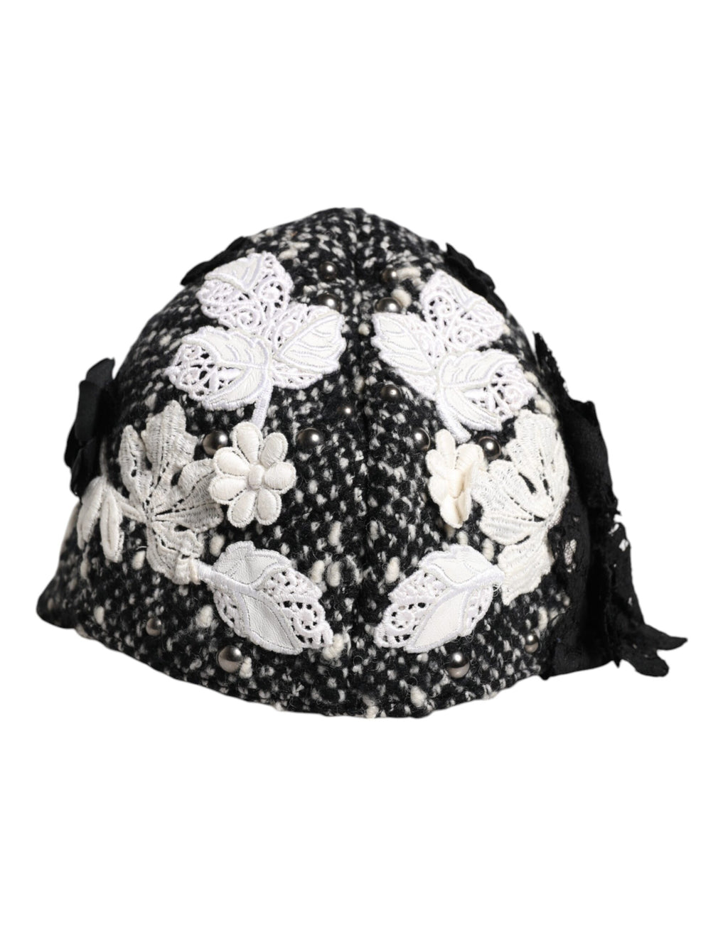 Dolce & Gabbana Zwarte Wollen Cloche Hoed met Witte Bloemenborduursels