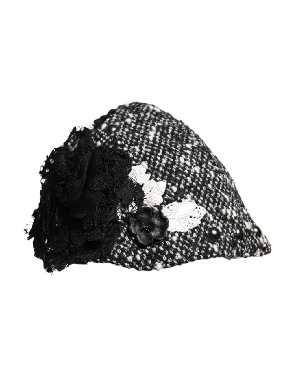 Dolce & Gabbana Zwarte Wollen Cloche Hoed met Witte Bloemenborduursels