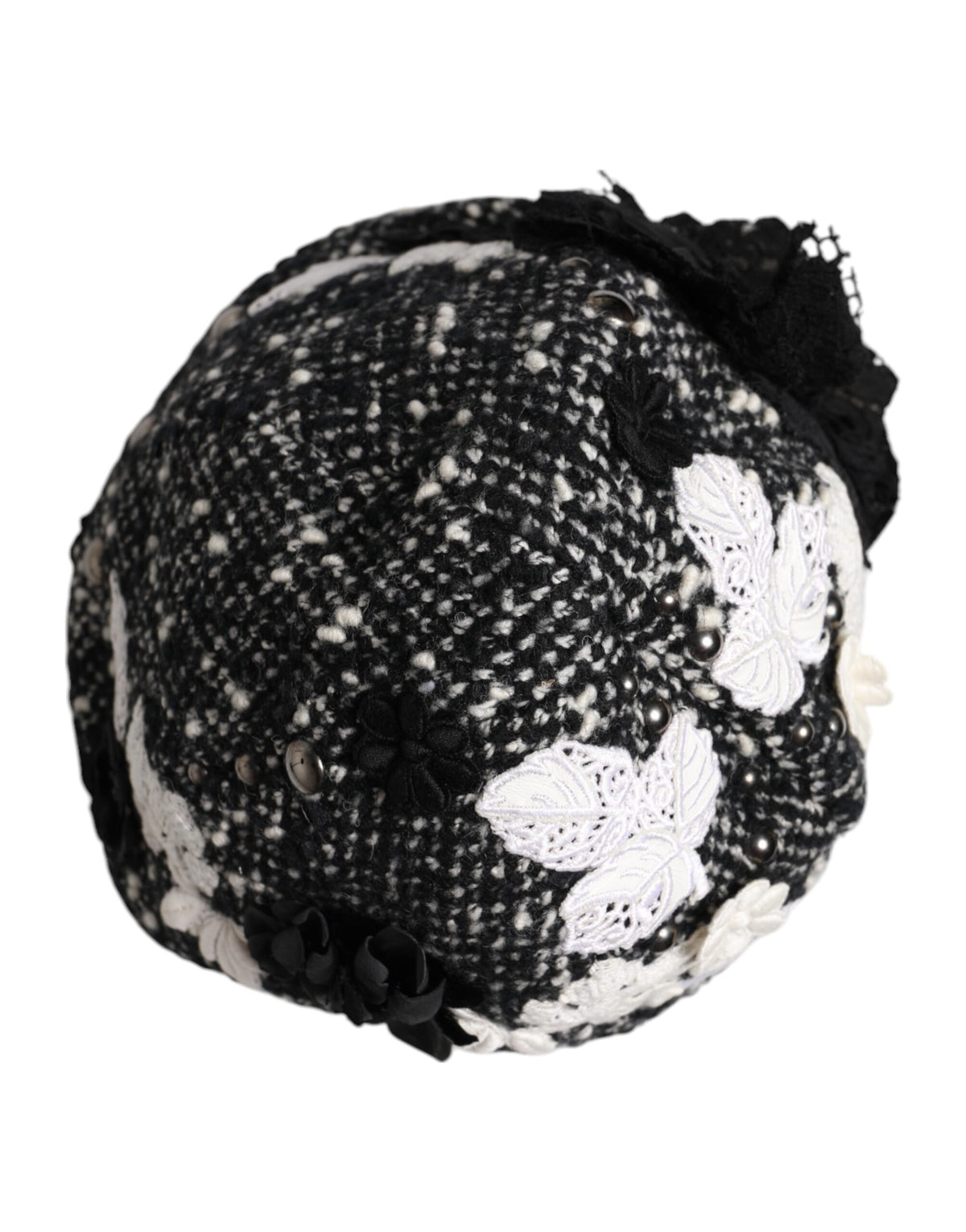 Dolce & Gabbana Zwarte Wollen Cloche Hoed met Witte Bloemenborduursels