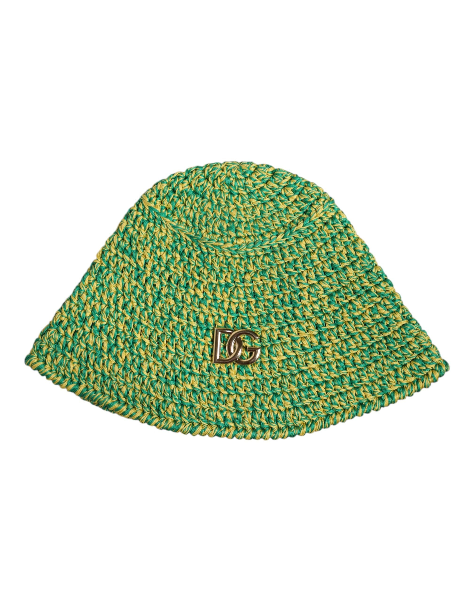 Dolce & Gabbana Grüner gehäkelter DG-Logo-Eimerhut aus Baumwolle