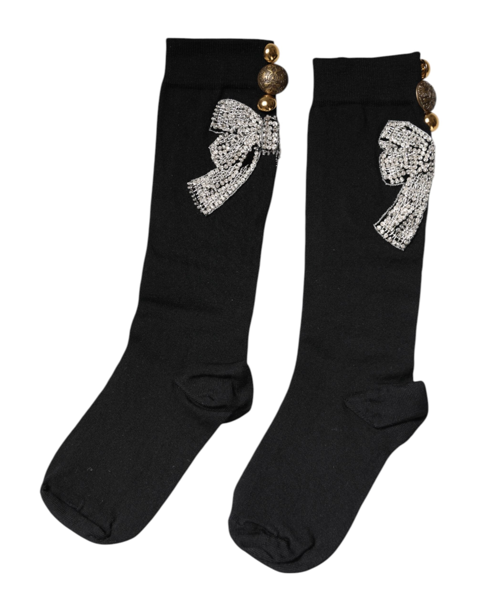 Dolce & Gabbana Schwarz gestrickte Socken mit floraler Kristall-Verzierung