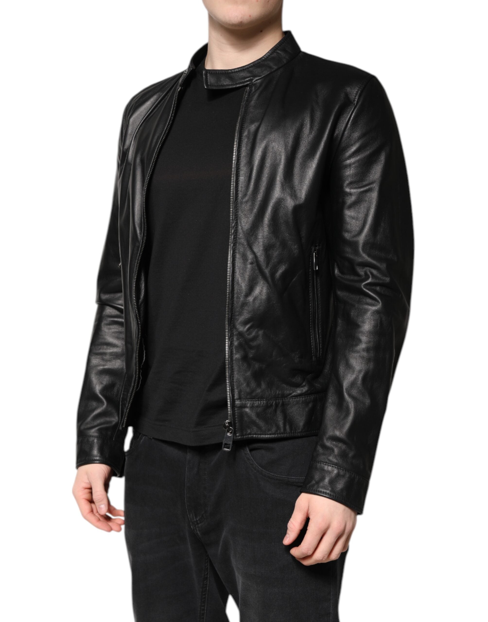 Dolce & Gabbana Schwarzes Schaf Leder Biker Full Zip Jacke