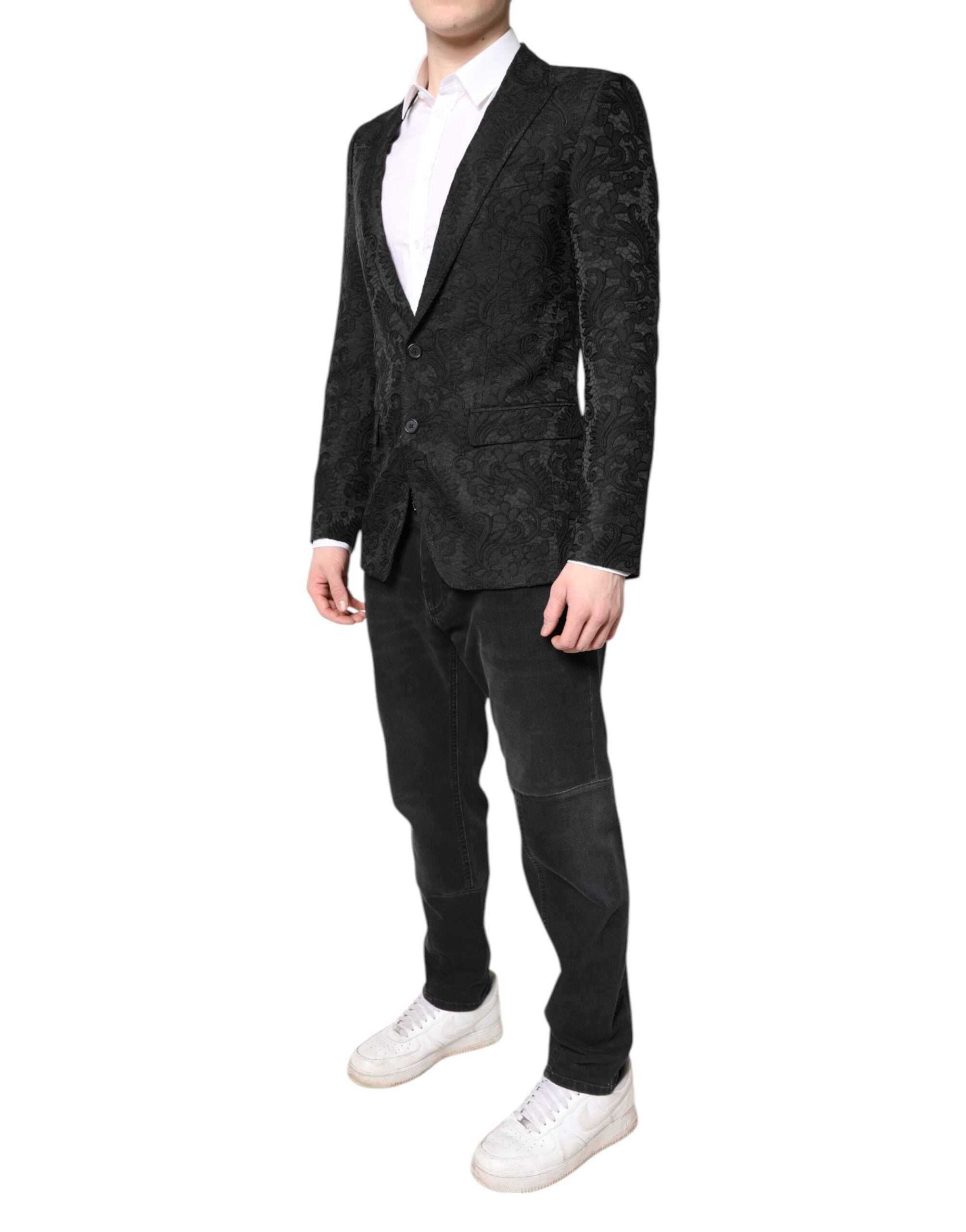 Dolce & Gabbana Schwarzer geblümter Jacquard-Mantel Jacke Blazer