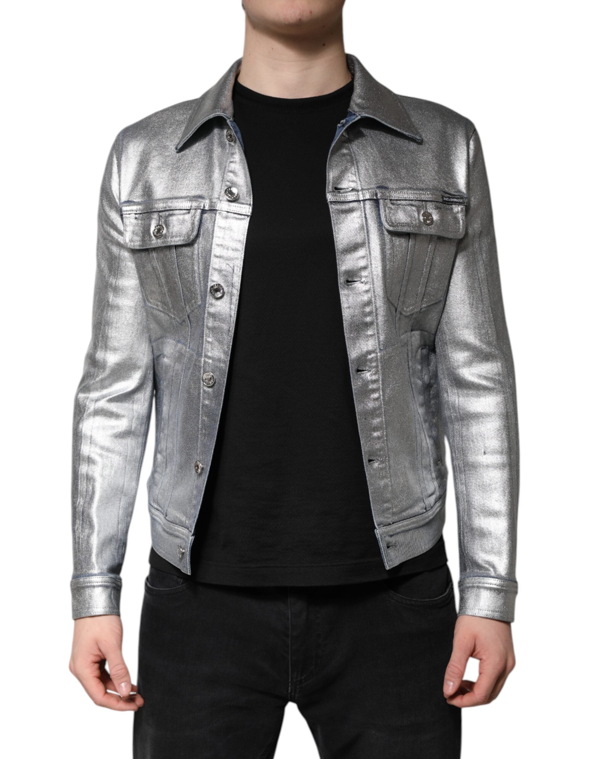 Dolce & Gabbana Silberne Denim-Biker-Jacke mit Knopfleiste aus Baumwolle