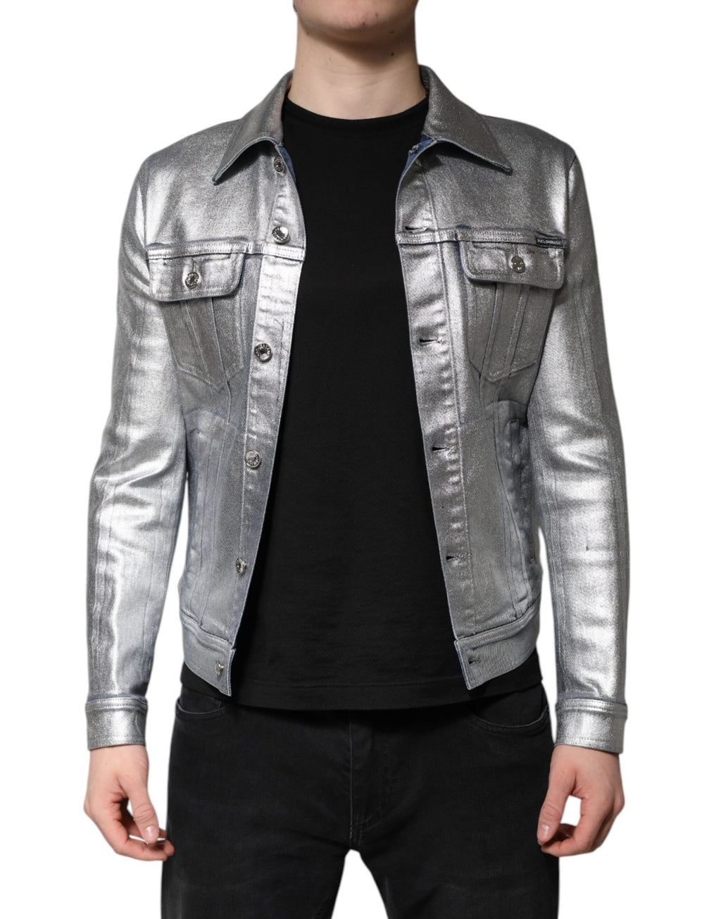 Dolce & Gabbana Silberne Denim-Biker-Jacke mit Knopfleiste aus Baumwolle