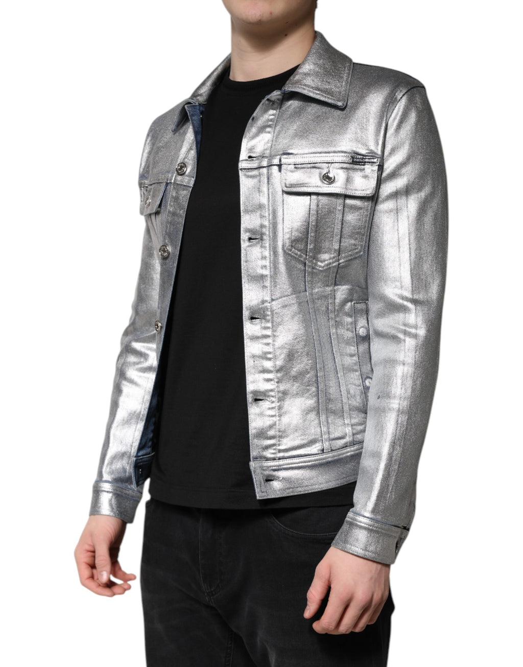 Dolce & Gabbana Silberne Denim-Biker-Jacke mit Knopfleiste aus Baumwolle