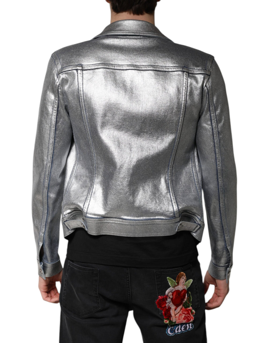 Dolce & Gabbana Silberne Denim-Biker-Jacke mit Knopfleiste aus Baumwolle