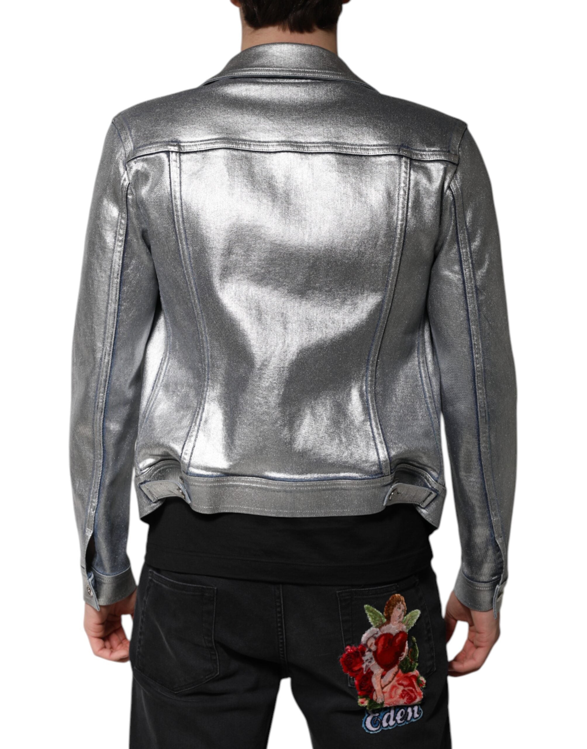 Dolce & Gabbana Silberne Denim-Biker-Jacke mit Knopfleiste aus Baumwolle