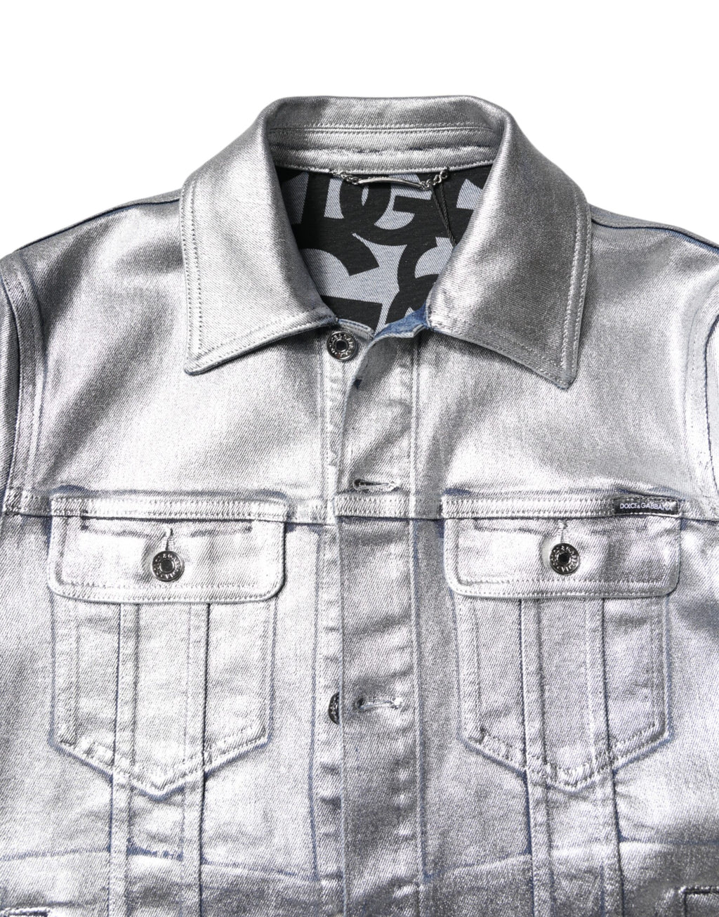 Dolce & Gabbana Silberne Denim-Biker-Jacke mit Knopfleiste aus Baumwolle