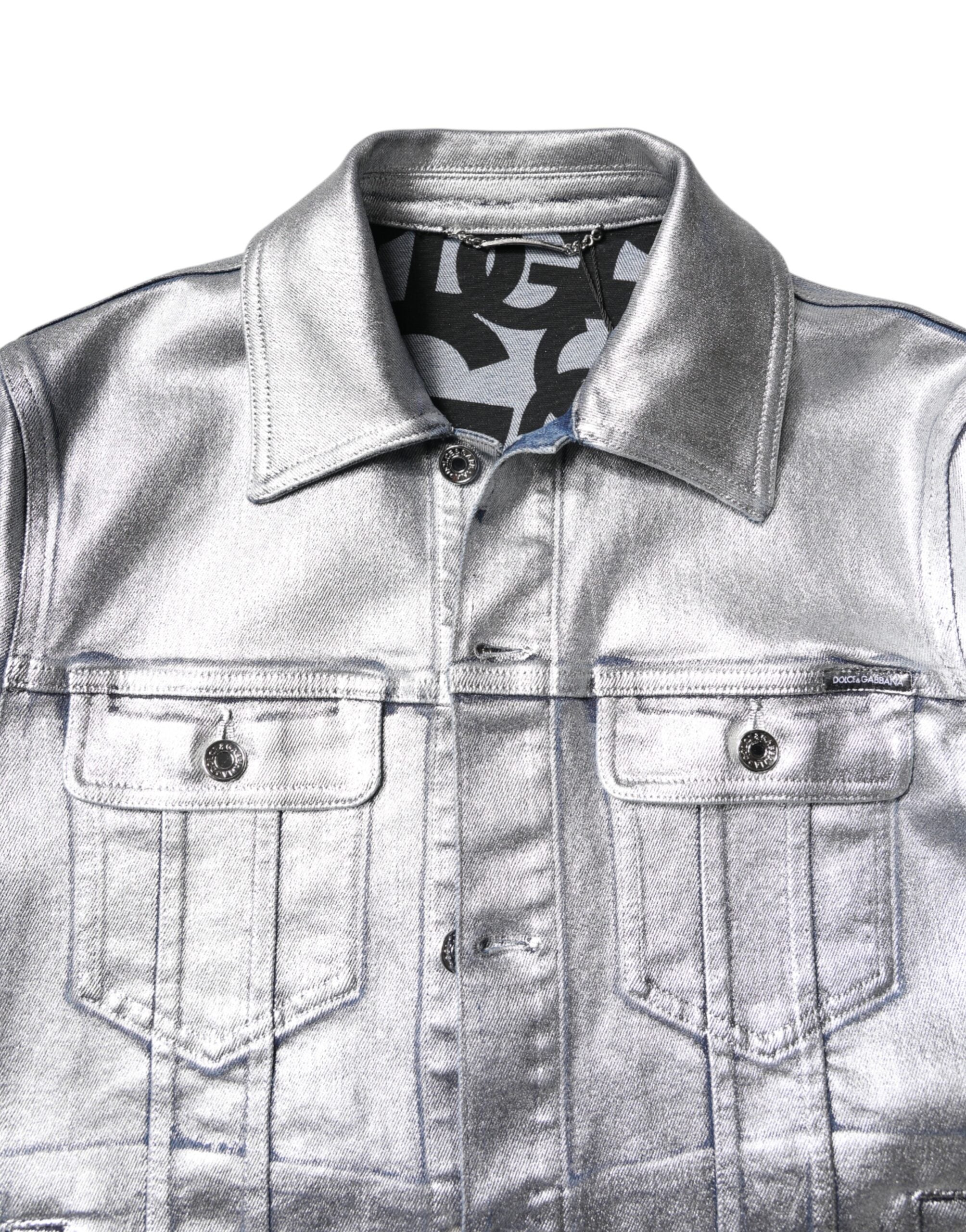 Dolce & Gabbana Silberne Denim-Biker-Jacke mit Knopfleiste aus Baumwolle