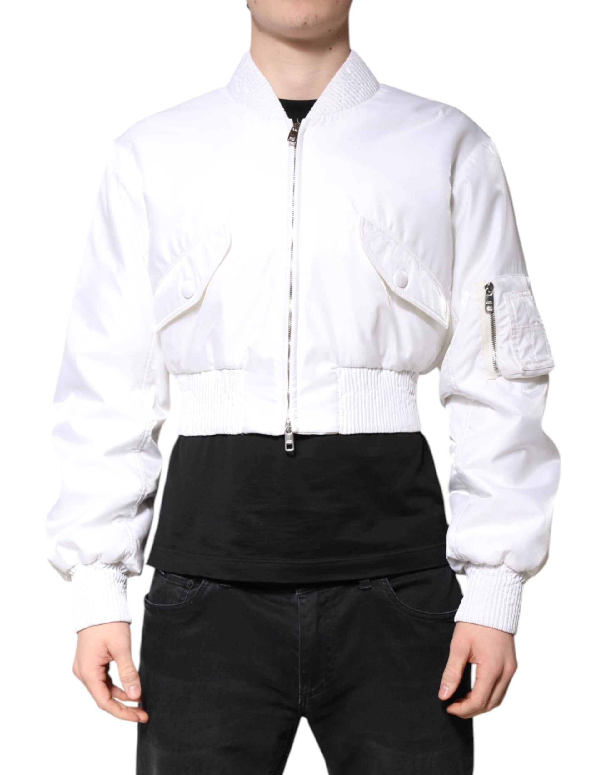 Dolce & Gabbana Weiße Bomberjacke mit durchgehendem Reißverschluss aus Nylon