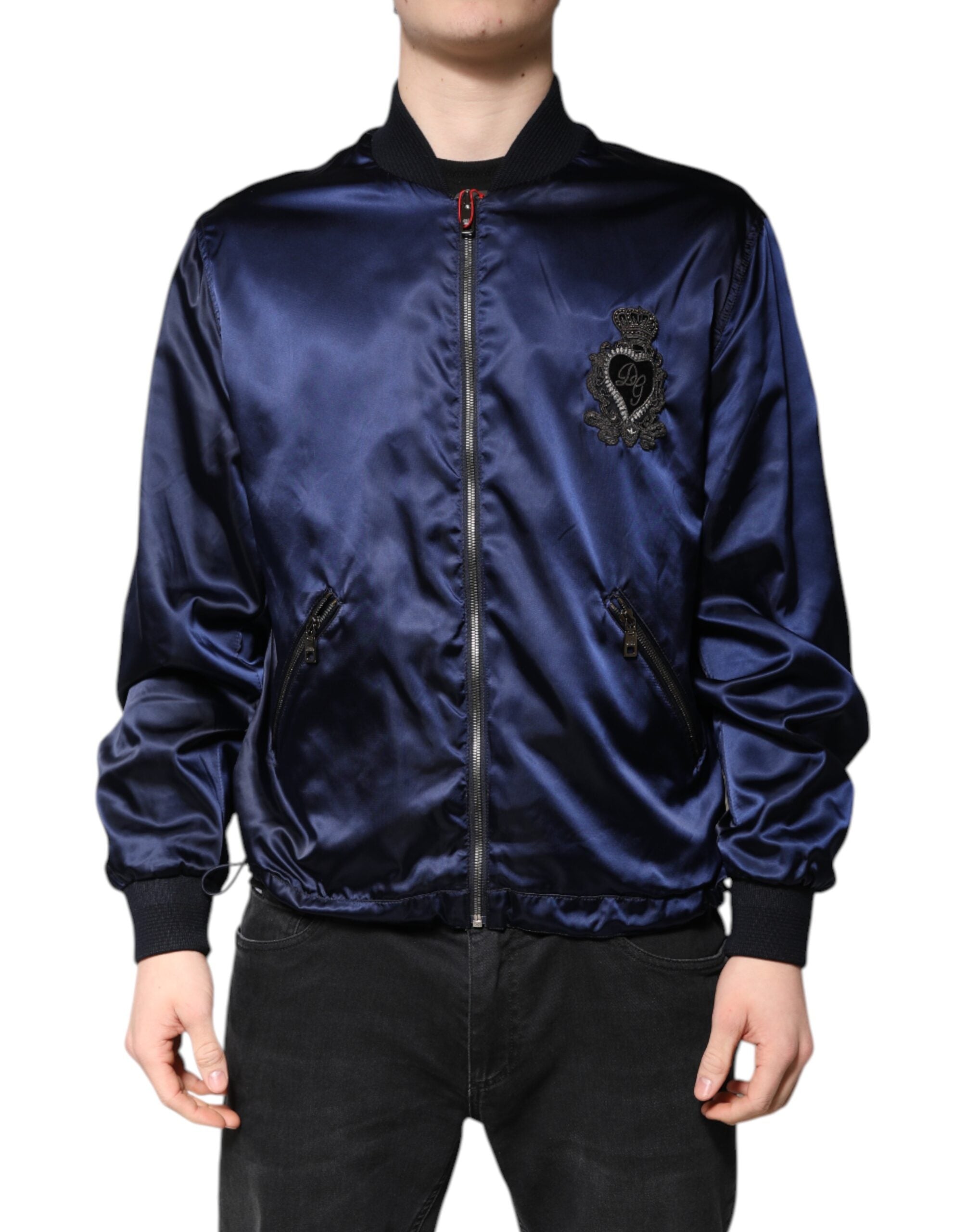 Dolce & Gabbana Blaue Nylon DG Crown Bomberjacke mit durchgehendem Reißverschluss
