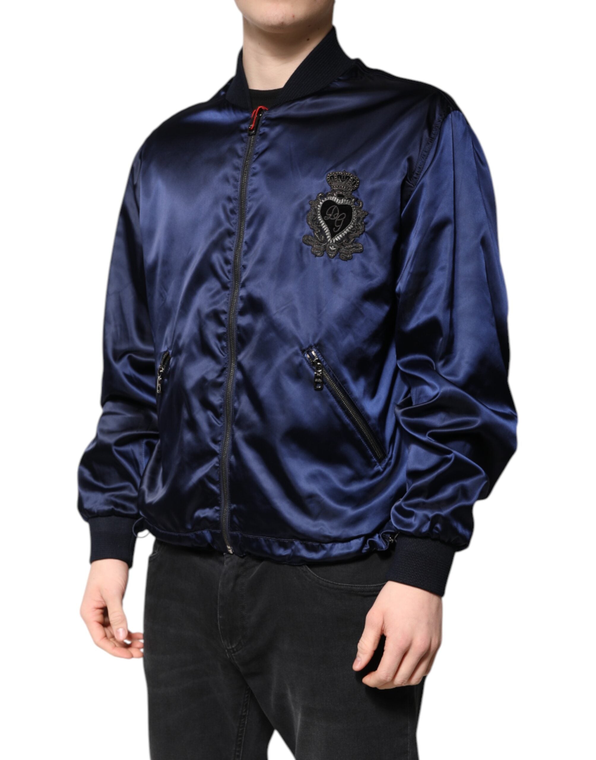 Dolce & Gabbana Blaue Nylon DG Crown Bomberjacke mit durchgehendem Reißverschluss