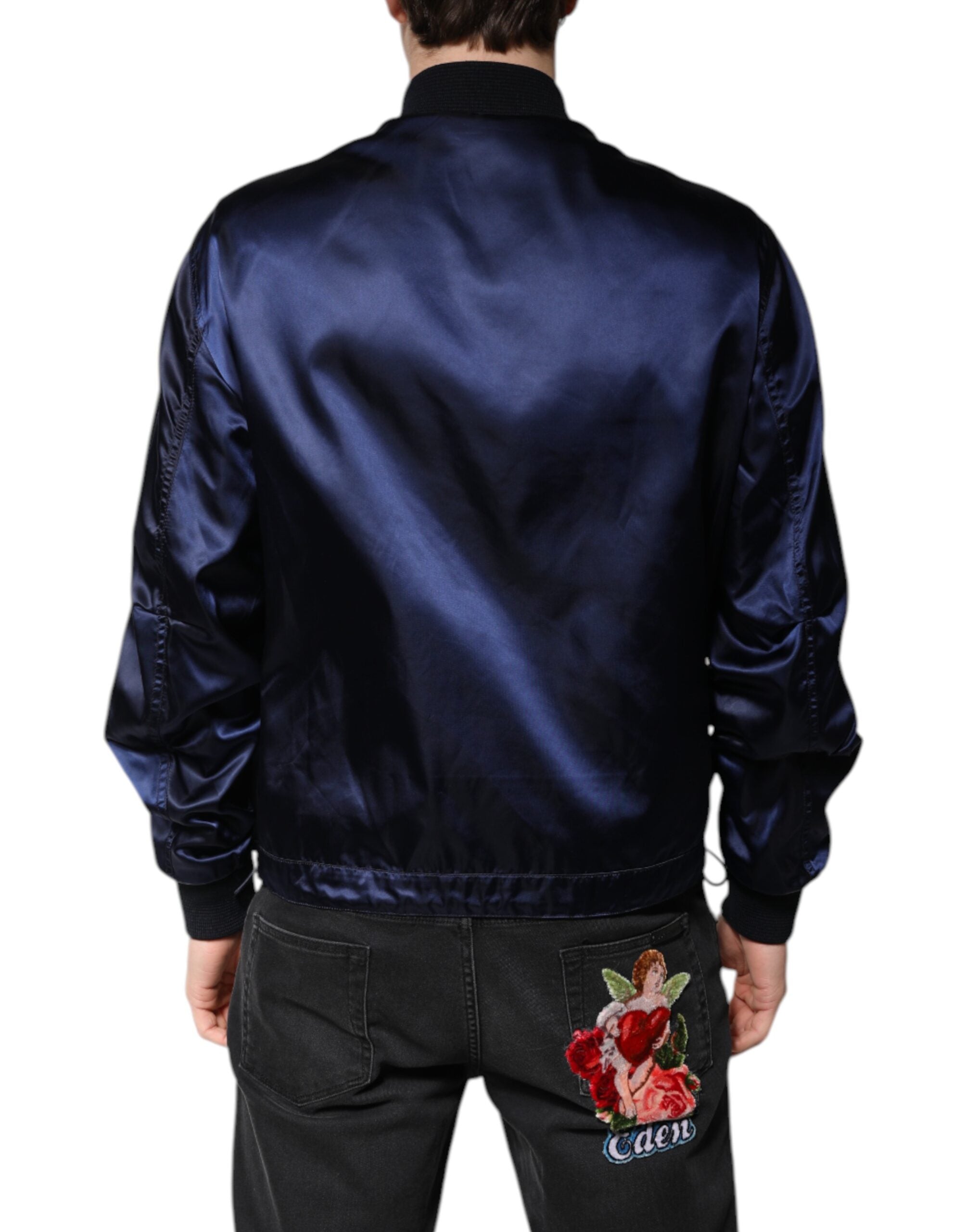 Dolce & Gabbana Blaue Nylon DG Crown Bomberjacke mit durchgehendem Reißverschluss