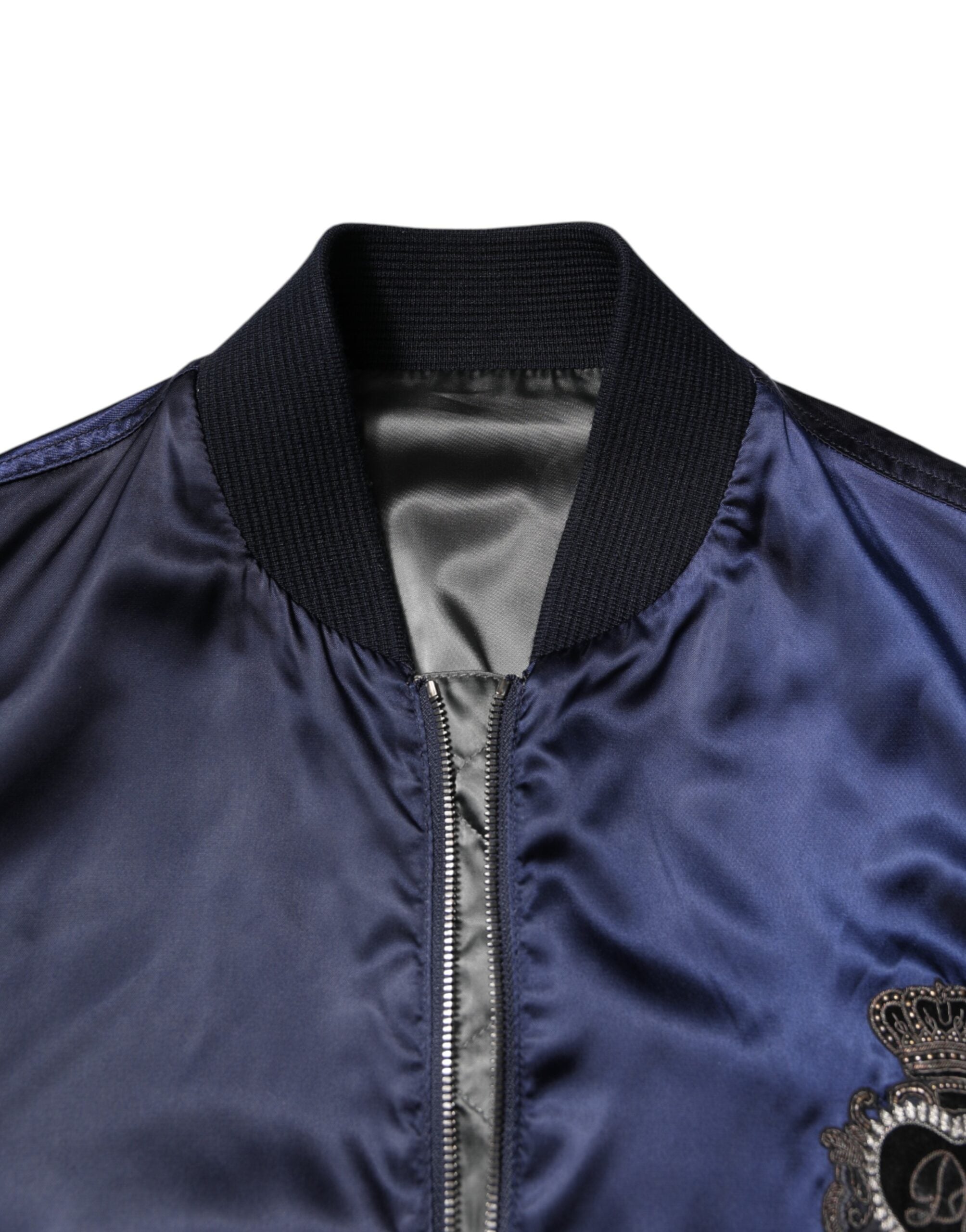 Dolce & Gabbana Blaue Nylon DG Crown Bomberjacke mit durchgehendem Reißverschluss