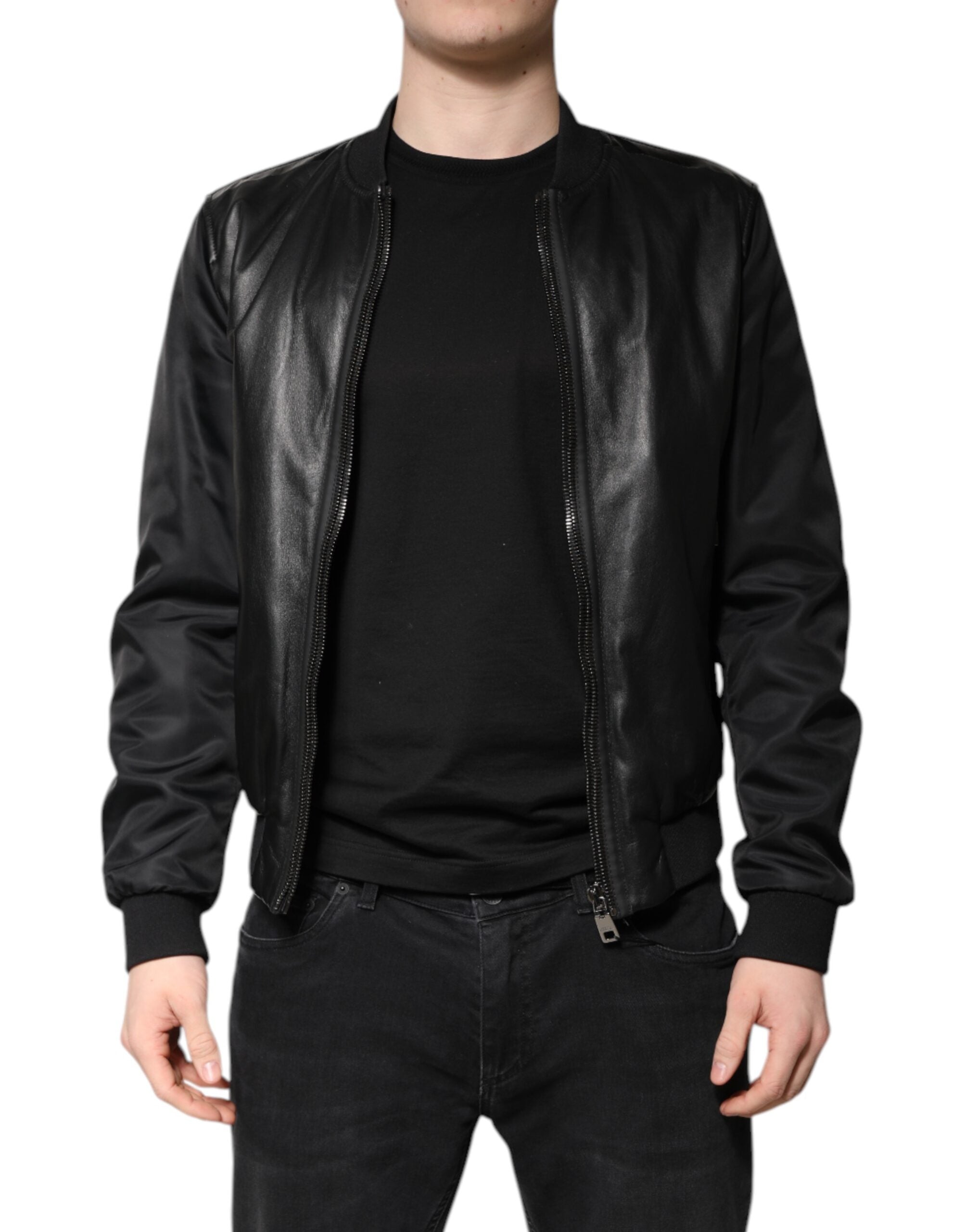 Dolce & Gabbana Schwarze Lammfell Leder Biker Jacke mit Reißverschluss
