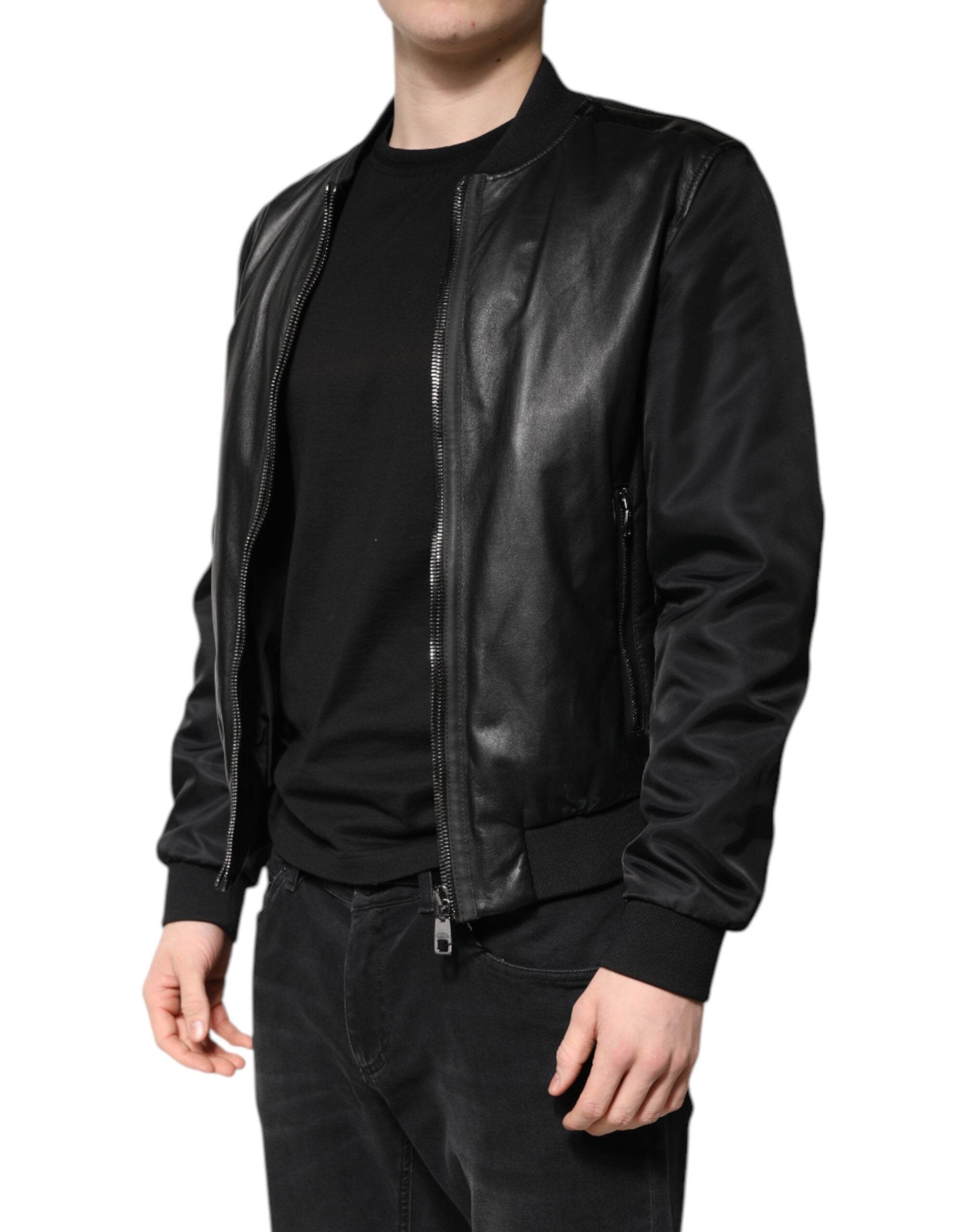 Dolce & Gabbana Schwarze Lammfell Leder Biker Jacke mit Reißverschluss