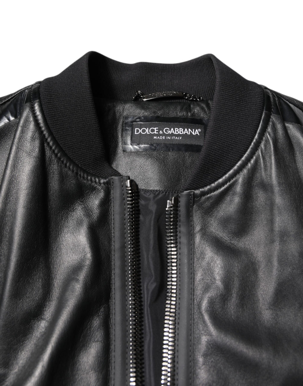 Dolce & Gabbana Schwarze Lammfell Leder Biker Jacke mit Reißverschluss