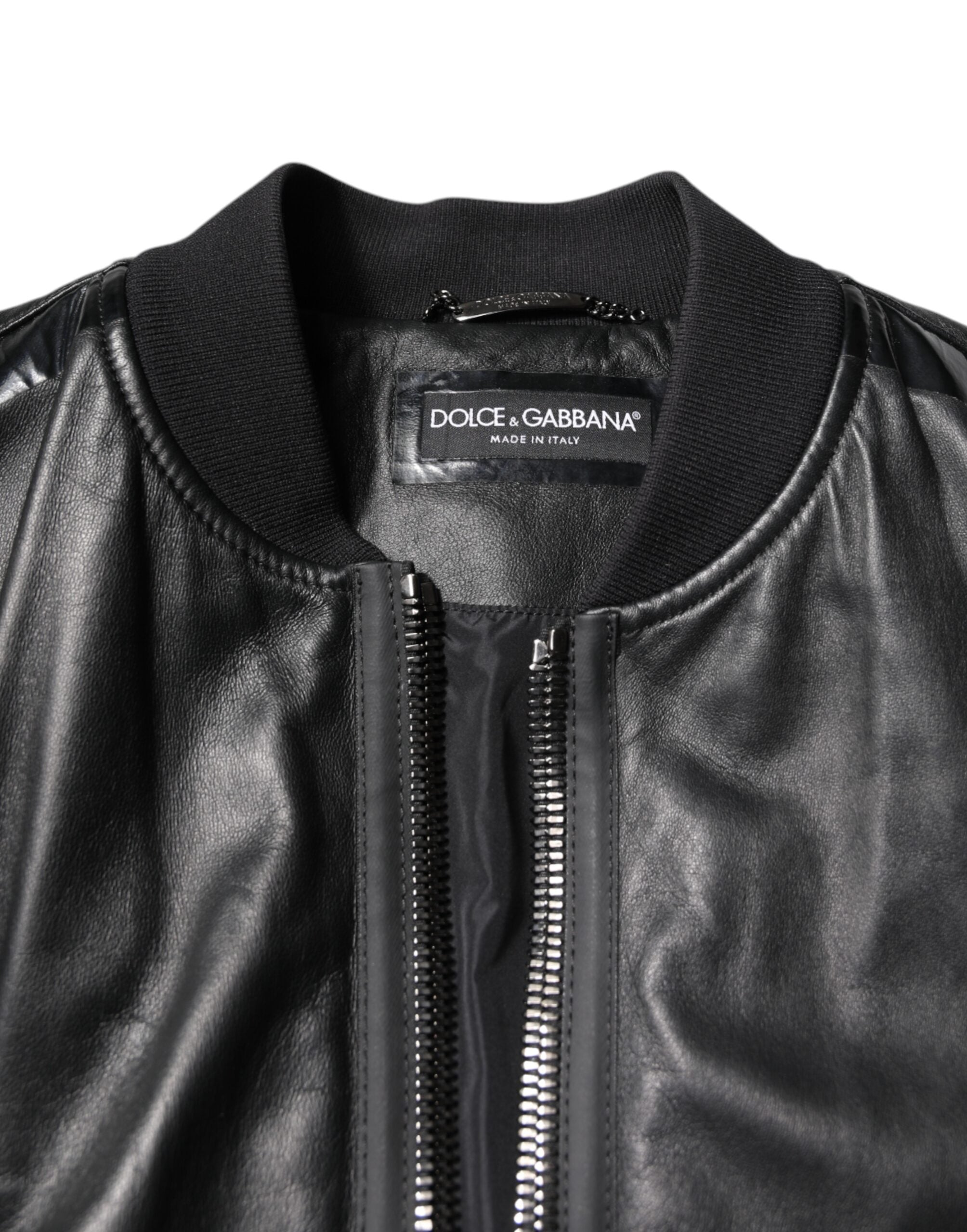 Dolce & Gabbana Schwarze Lammfell Leder Biker Jacke mit Reißverschluss