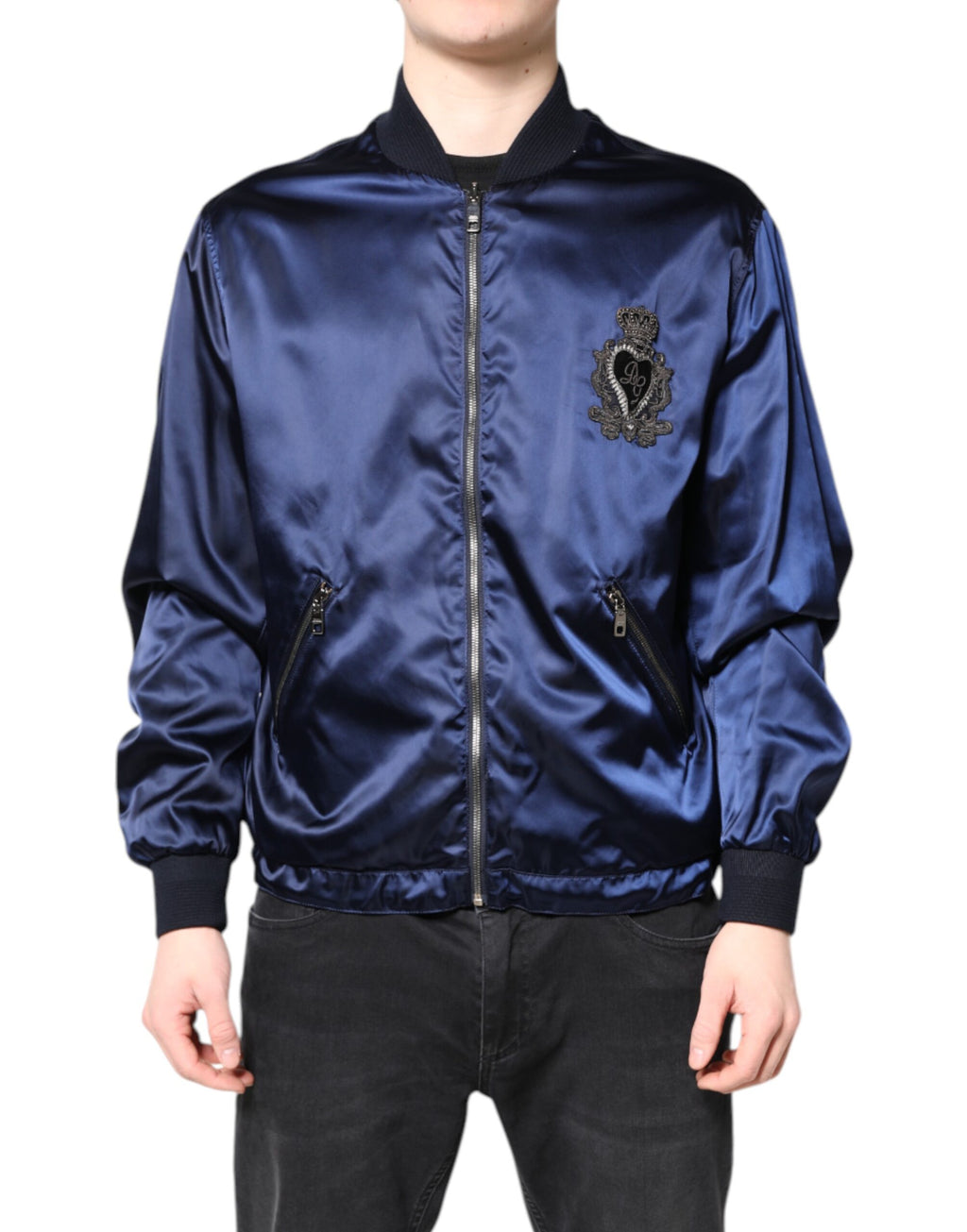 Dolce & Gabbana Blaue Nylon DG Crown Bomberjacke mit durchgehendem Reißverschluss