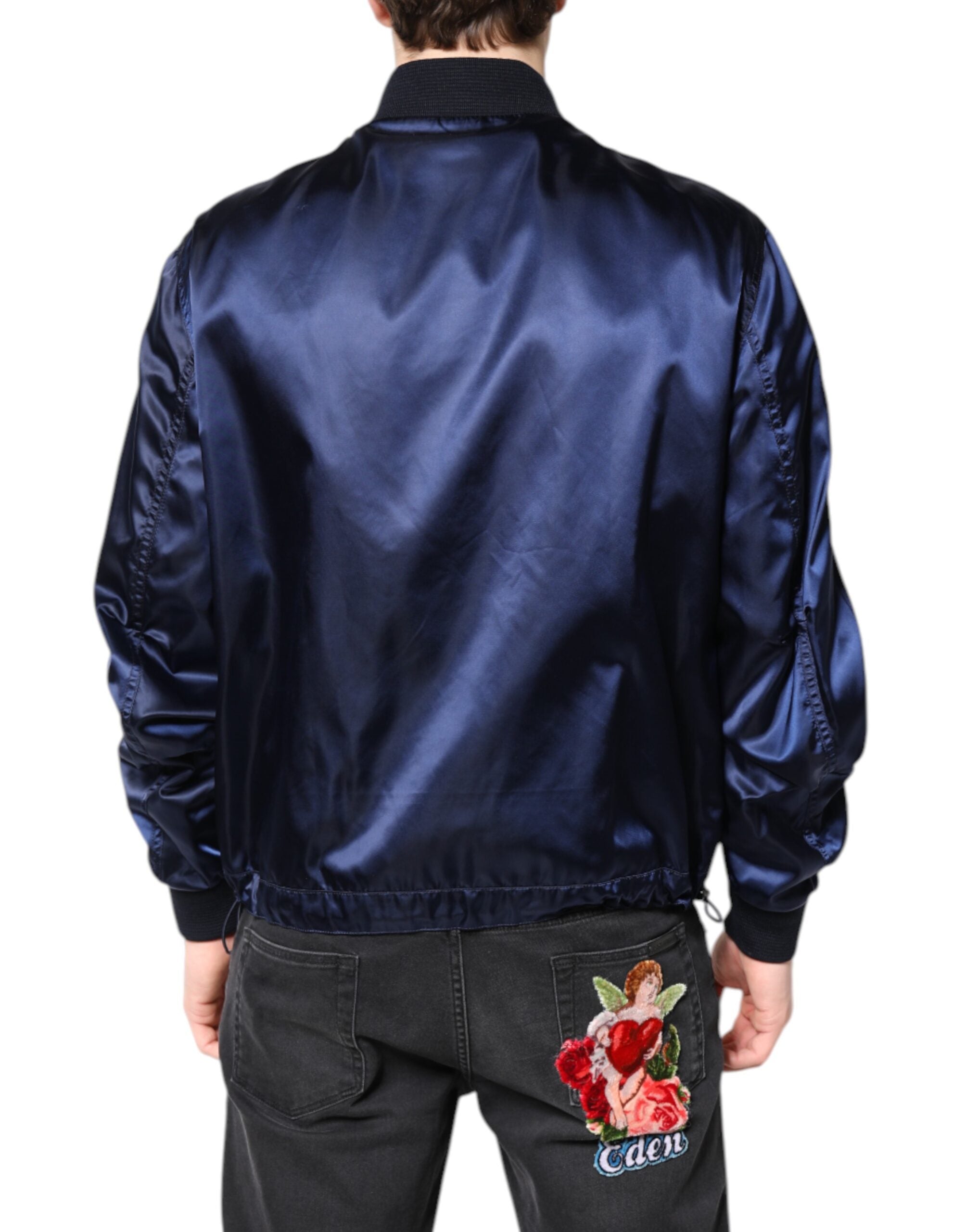 Dolce & Gabbana Blaue Nylon DG Crown Bomberjacke mit durchgehendem Reißverschluss
