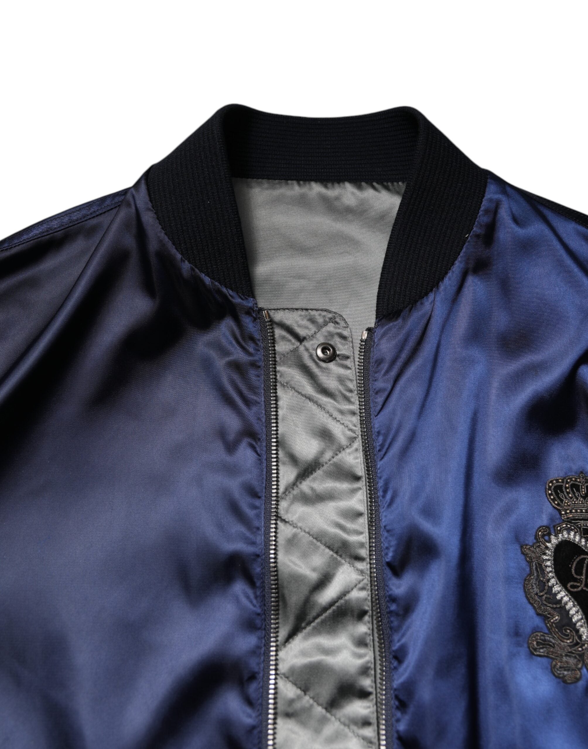 Dolce & Gabbana Blaue Nylon DG Crown Bomberjacke mit durchgehendem Reißverschluss