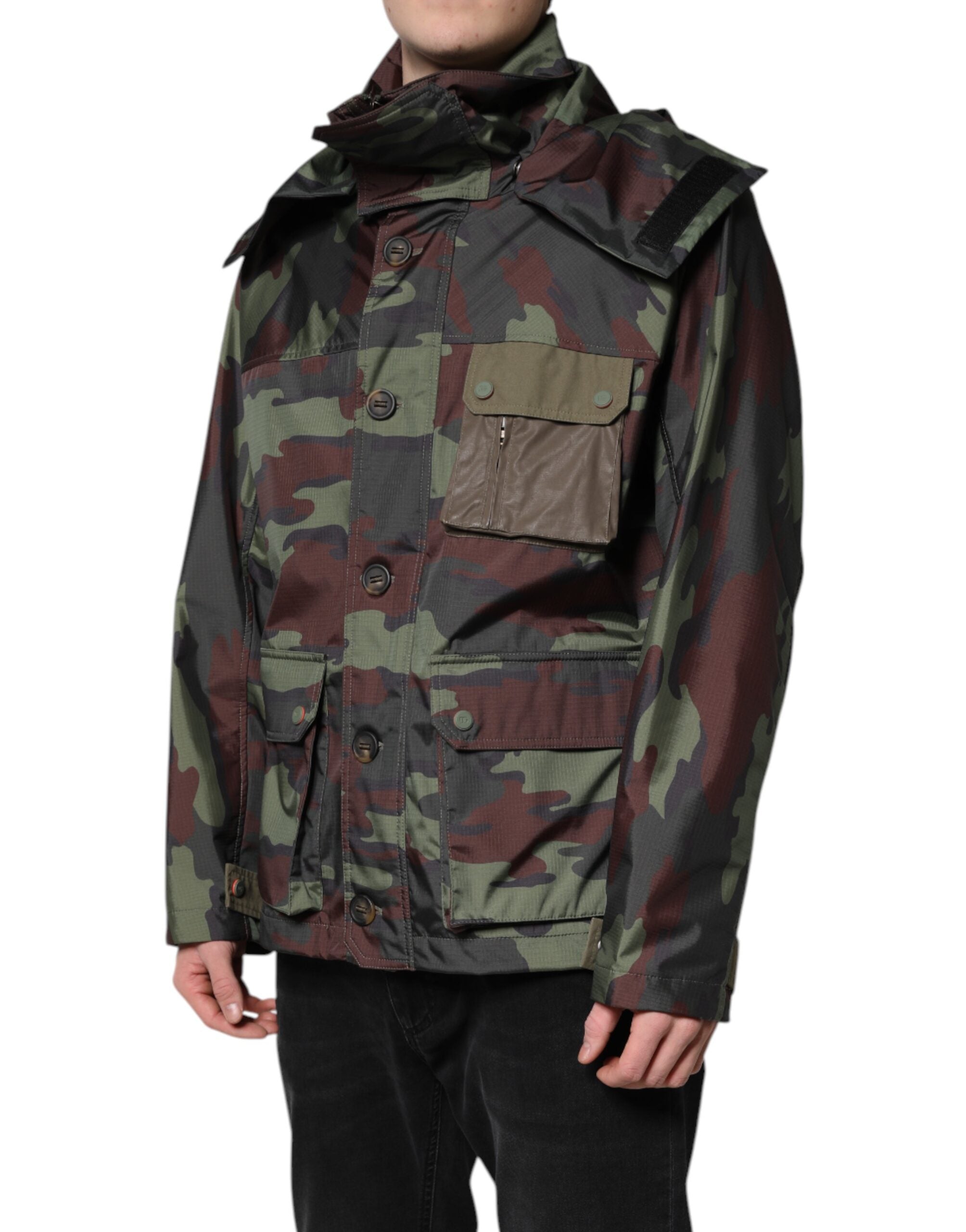 Dolce & Gabbana Multicolor Camouflage Jacke mit Kapuze und Knöpfen