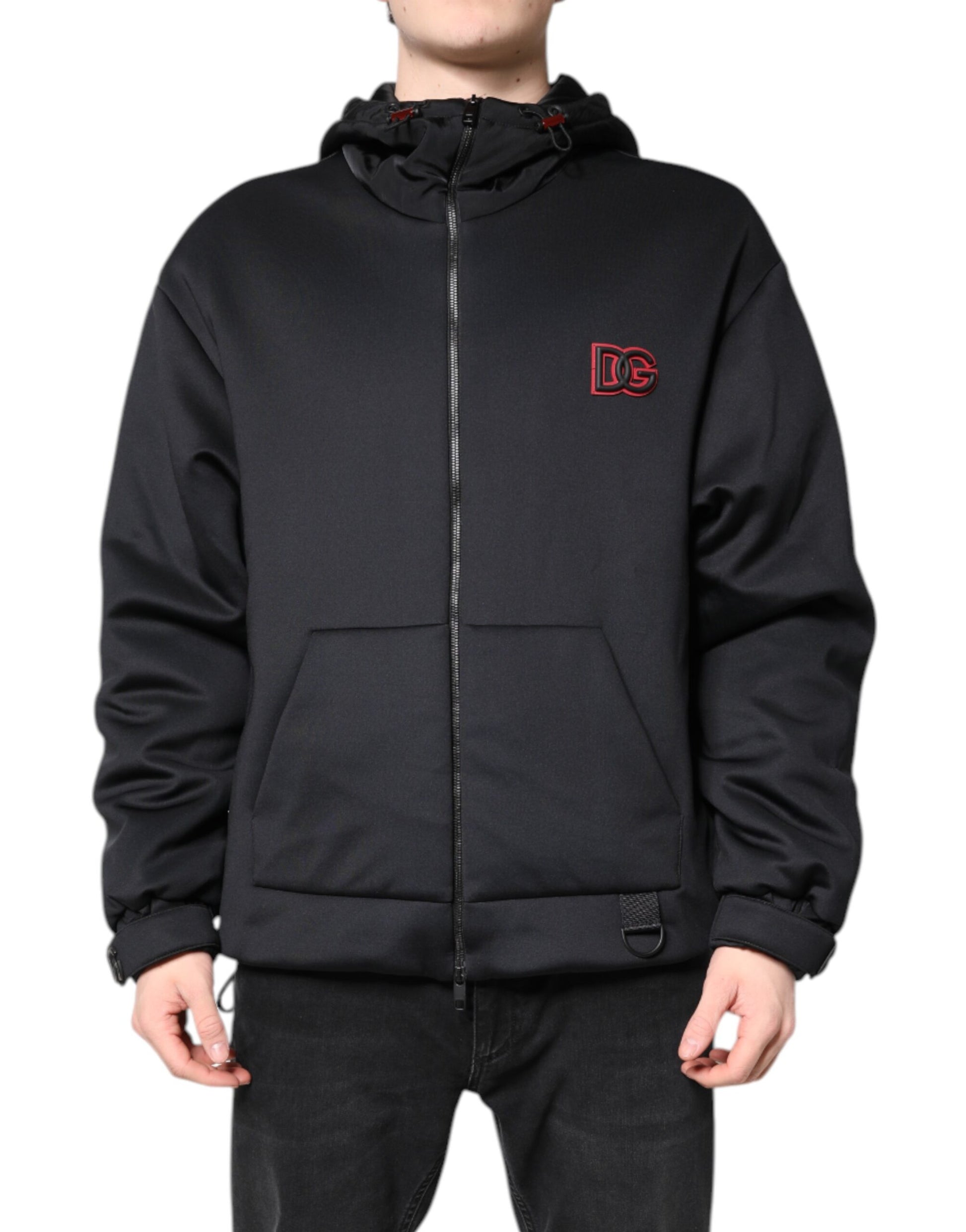 Dolce & Gabbana Schwarze Polyester DG Jacke mit Kapuze und durchgehendem Reißverschluss