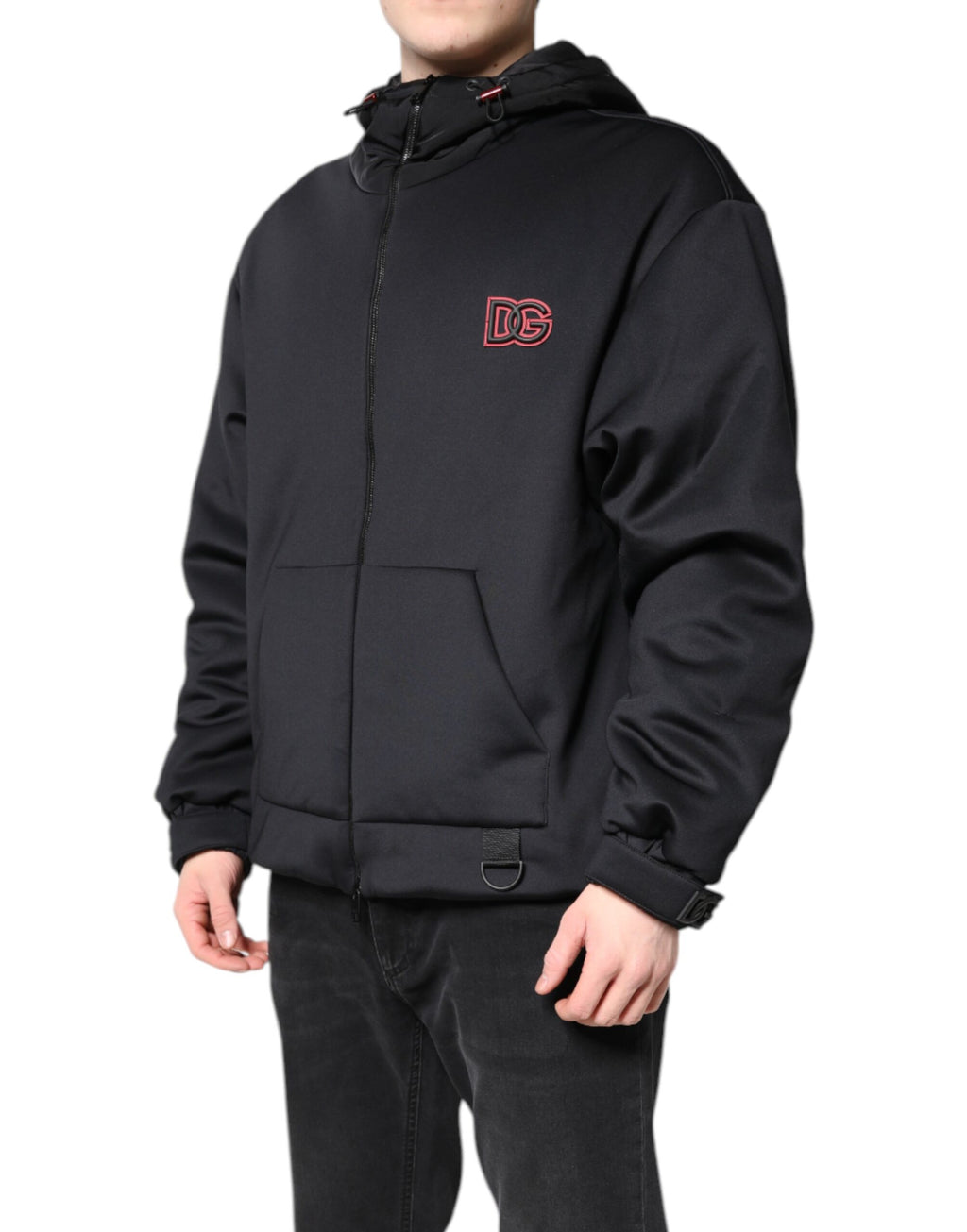 Dolce & Gabbana Schwarze Polyester DG Jacke mit Kapuze und durchgehendem Reißverschluss