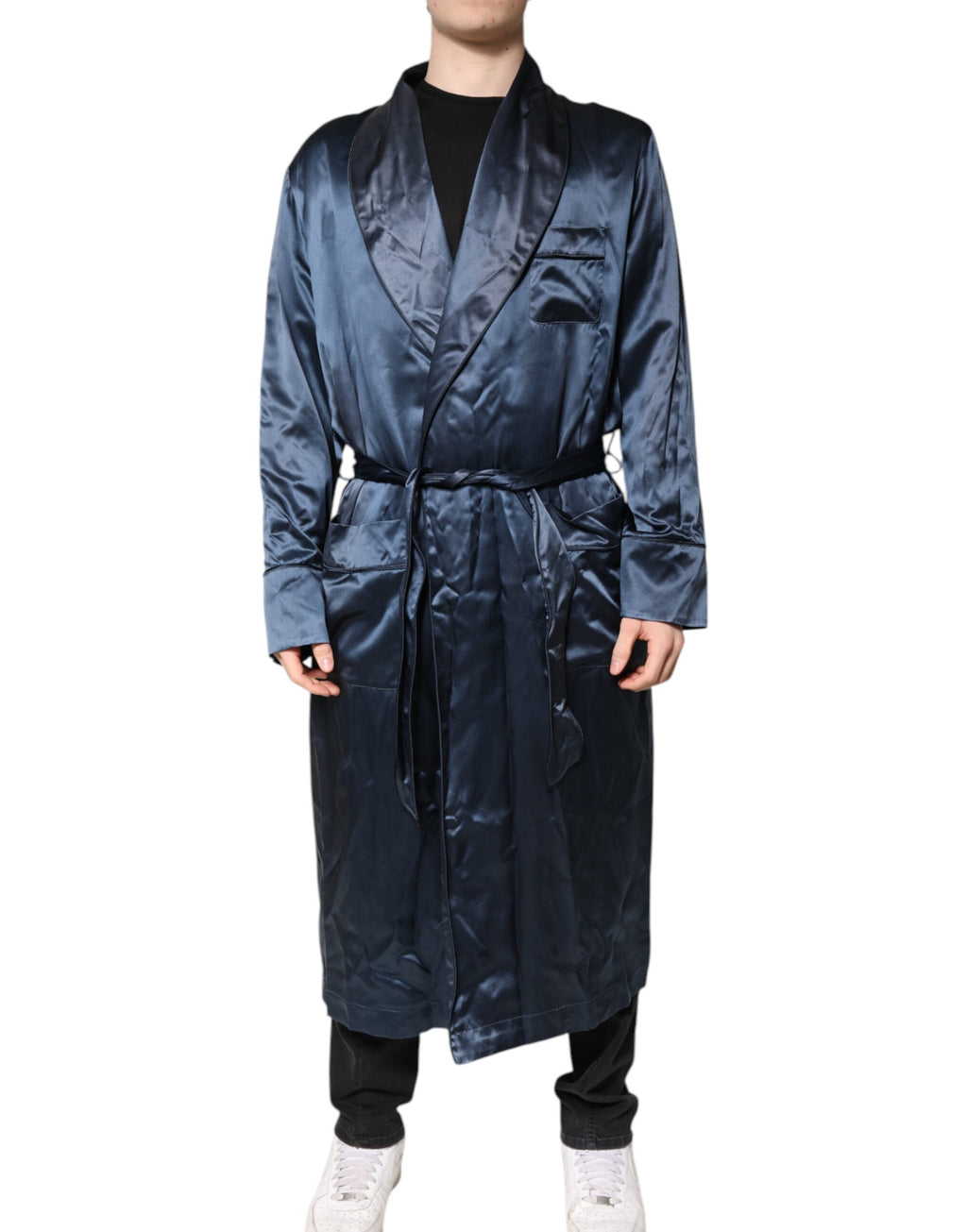 Dolce & Gabbana Blau Solide Seide Männer Wrap Robe Mantel Jacke