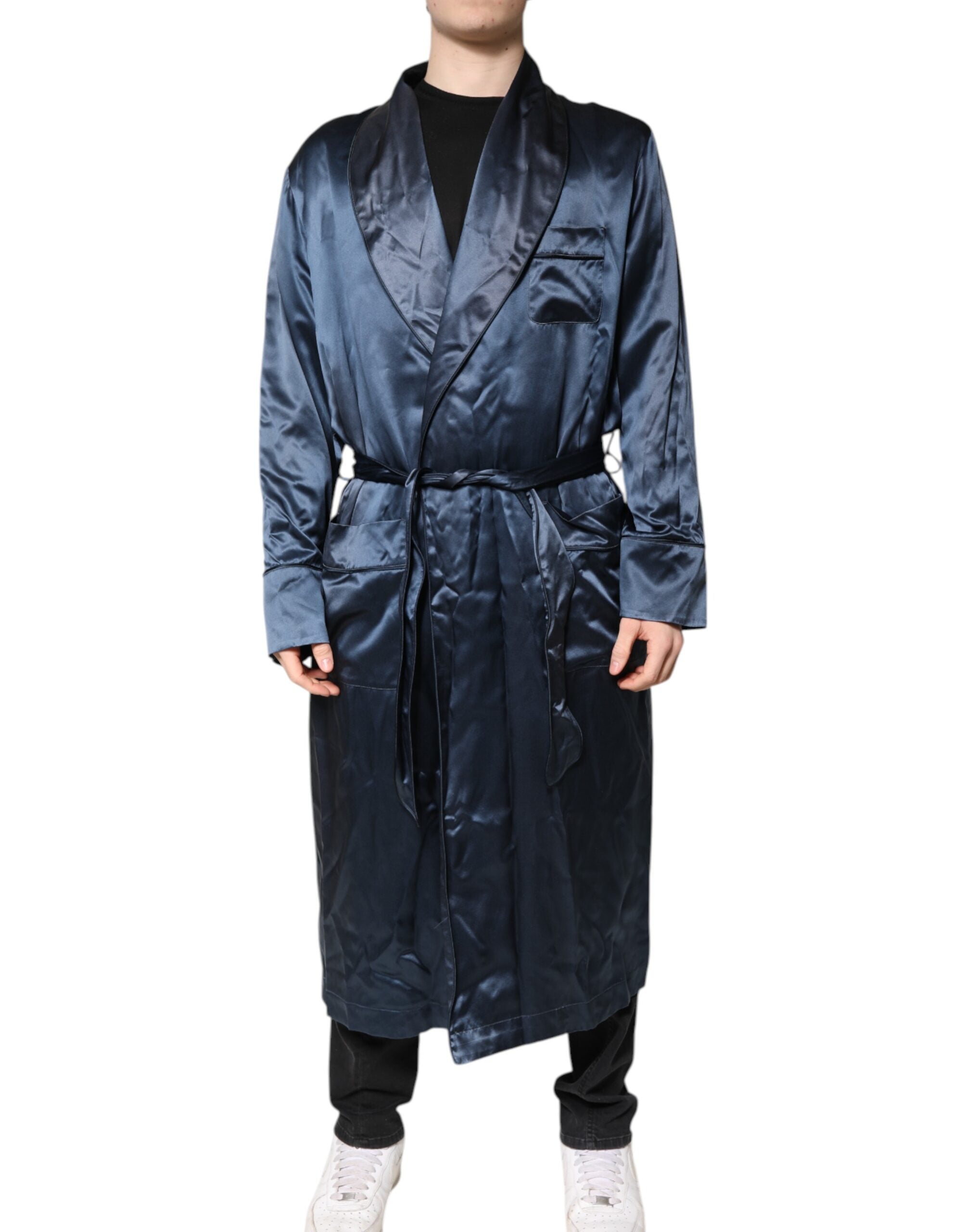 Dolce & Gabbana Blau Solide Seide Männer Wrap Robe Mantel Jacke