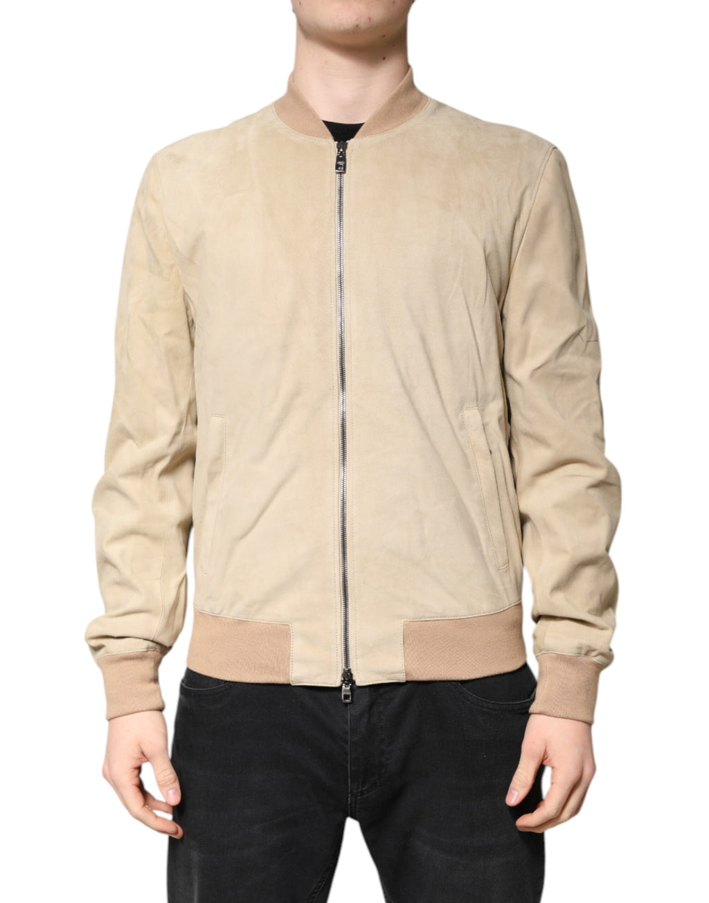Dolce & Gabbana Beige Lammfell Full Zip Männer Bomberjacke